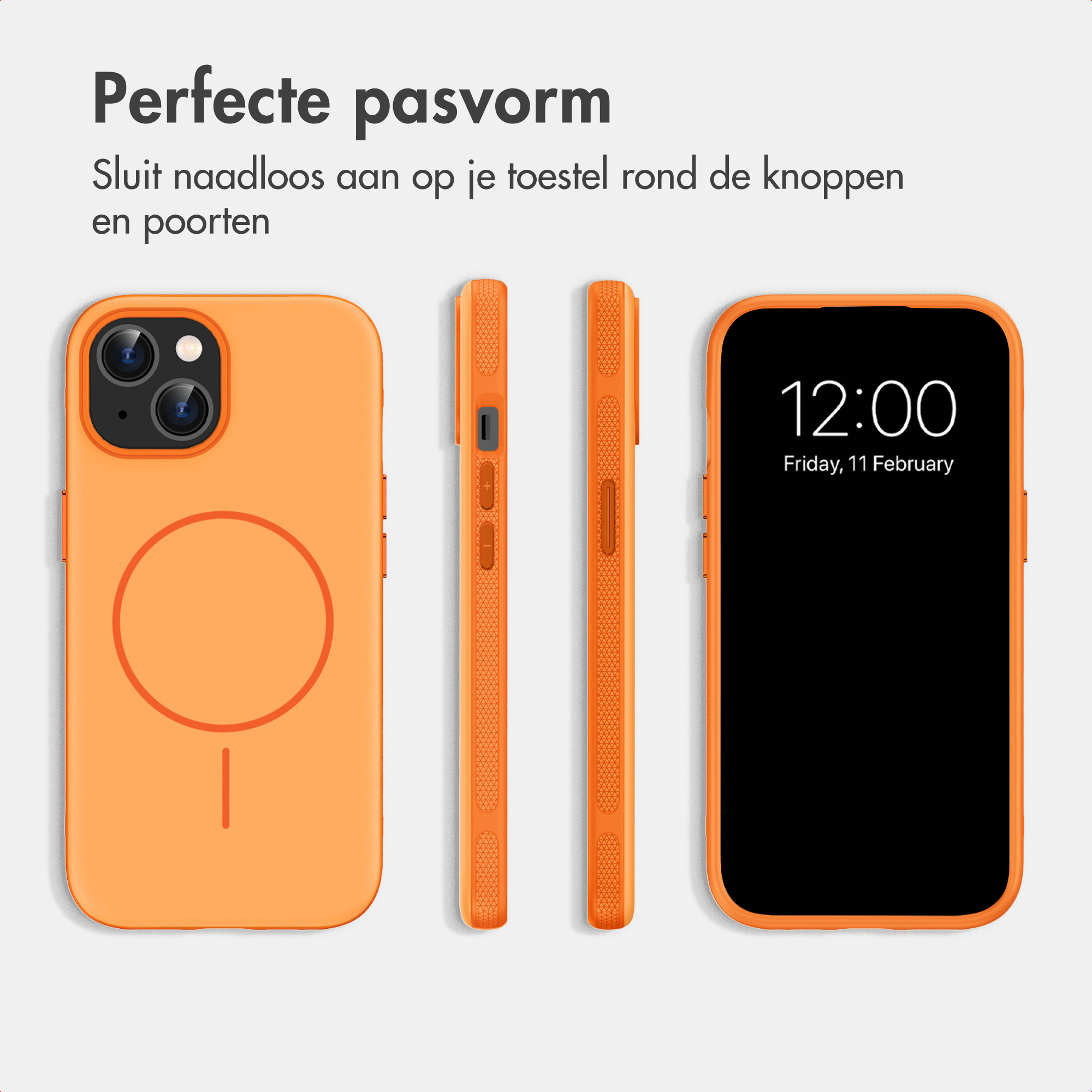 Een oranje smartphonehoesje getoond van achteren, zijkanten en voorkant op een lichte achtergrond.