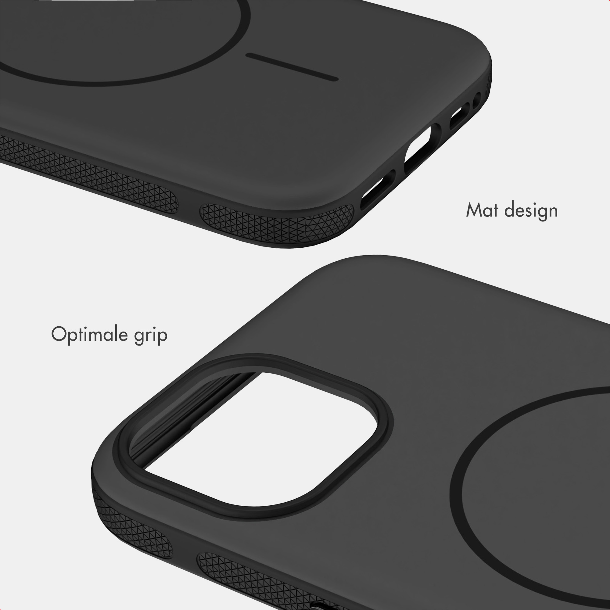 Close-up van een zwarte smartphonehoes met getextureerde grepen en een mat design, voor optimale grip.