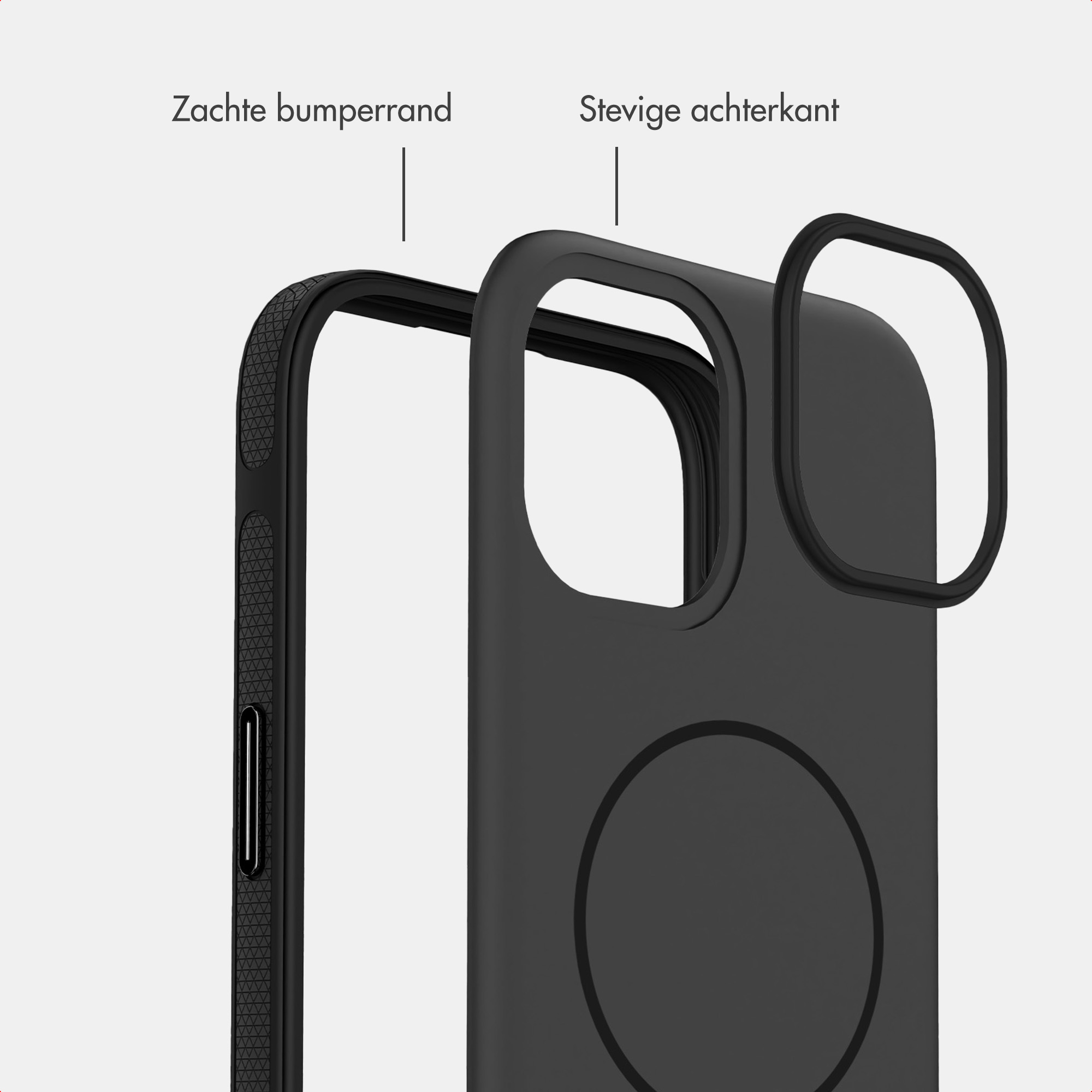 Zwarte telefoonhoes met zachte bumperrand en stevige achterkant.