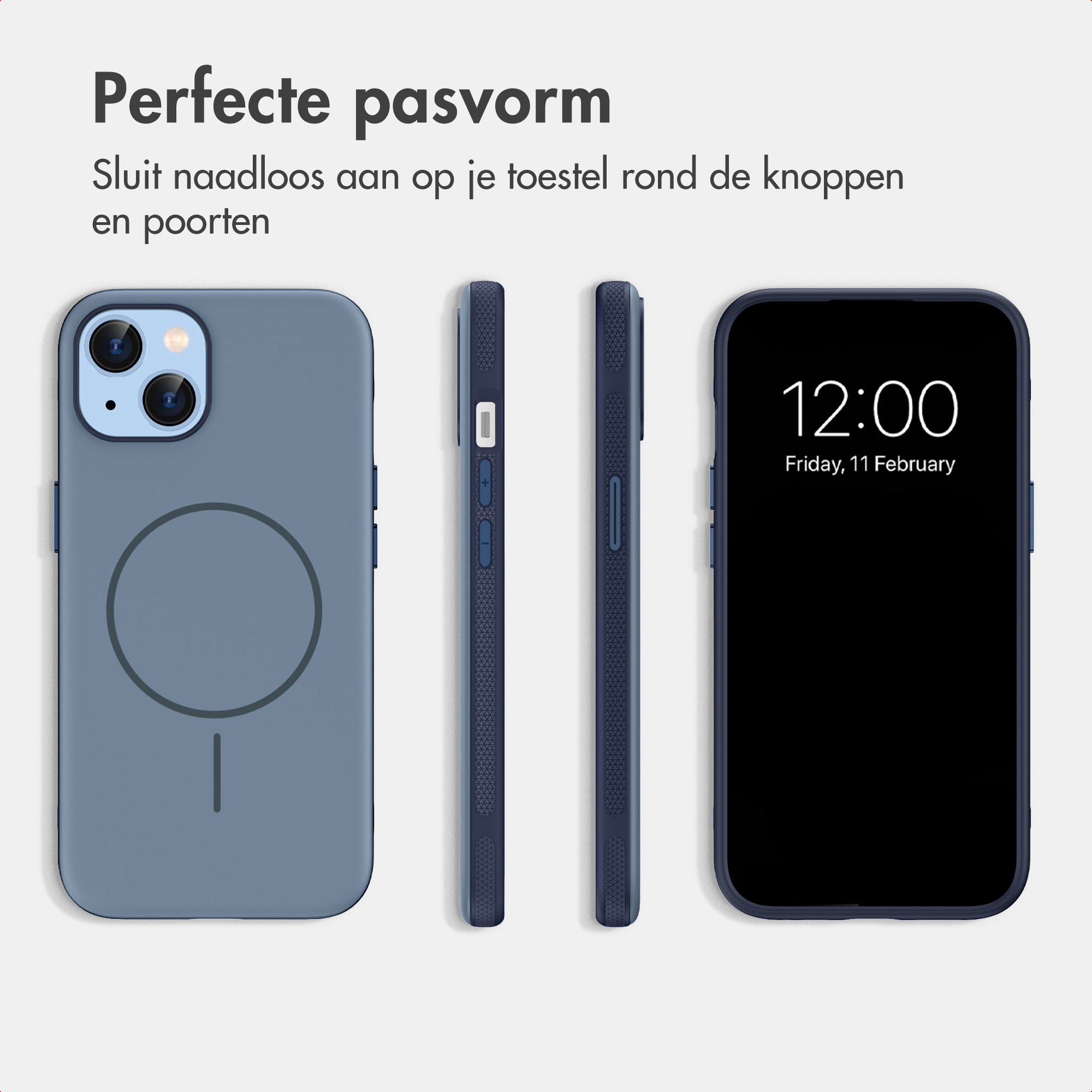 Vier Ansichten einer grauen Handyhülle für ein Smartphone mit MagSafe.