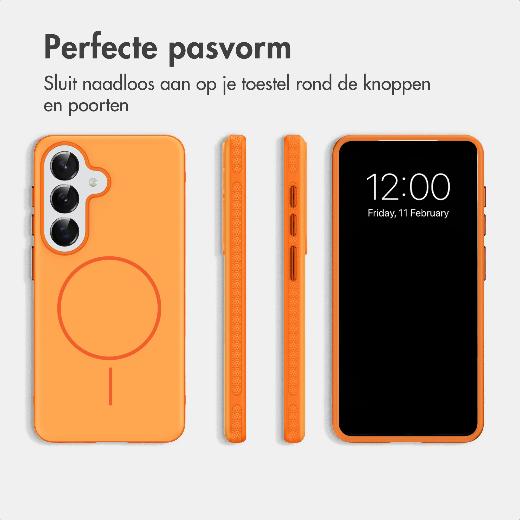 Eine orangefarbene Handytasche aus mehreren Blickwinkeln mit Text.