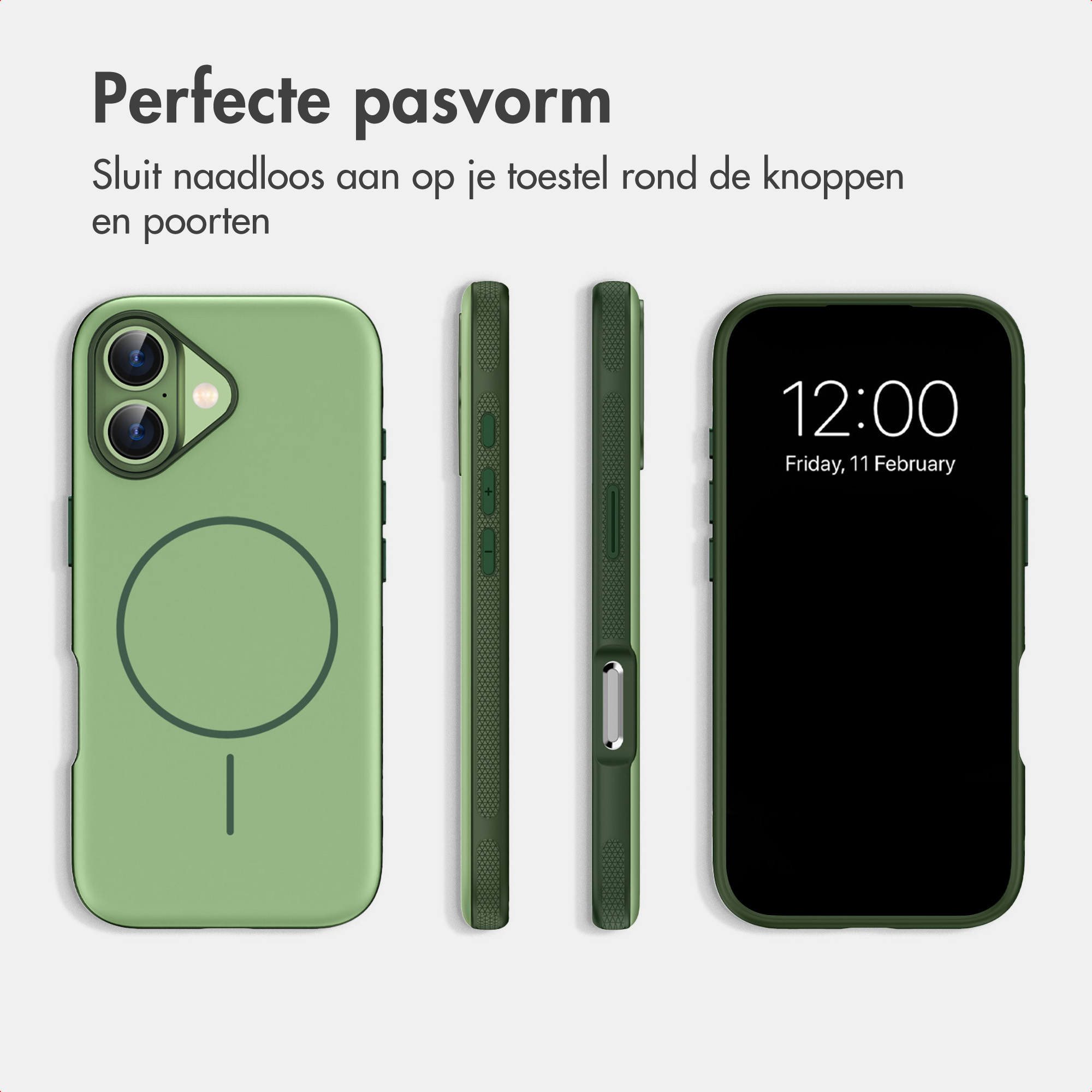 Grüne Handytasche aus mehreren Winkeln mit Text darüber gezeigt.