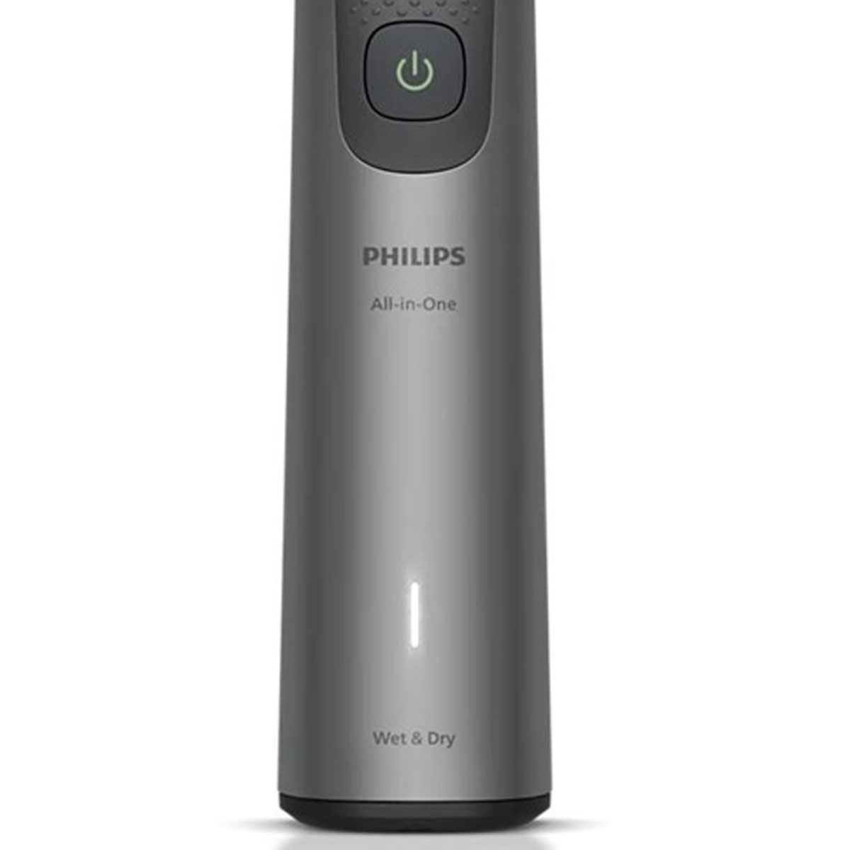 Manico del tagliacapelli grigio Philips All-in-One con tasto e LED.