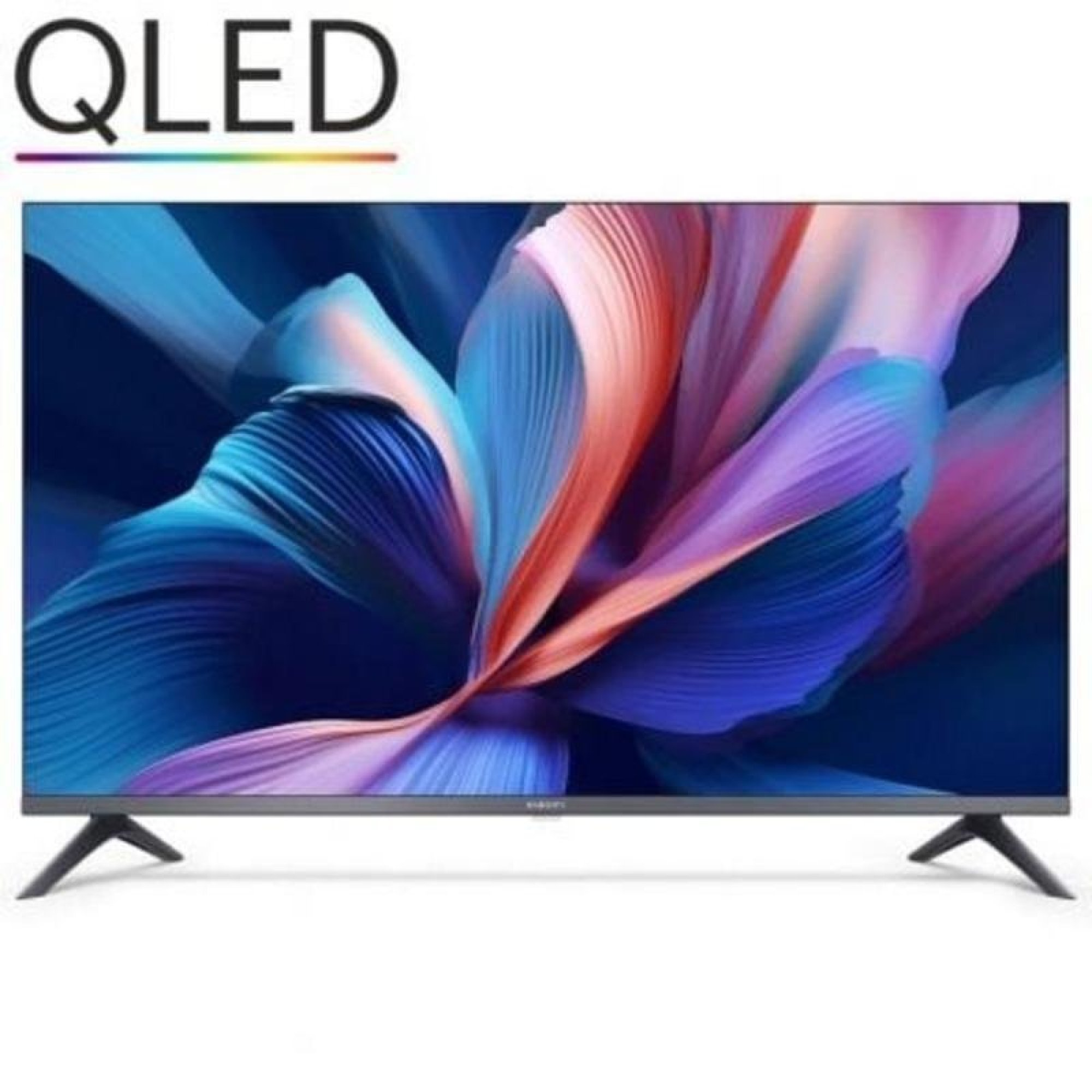 Telewizor QLED z kolorowym, abstrakcyjnym motywem kwiatowym na ekranie, oparty na stojakach w kształcie litery V.