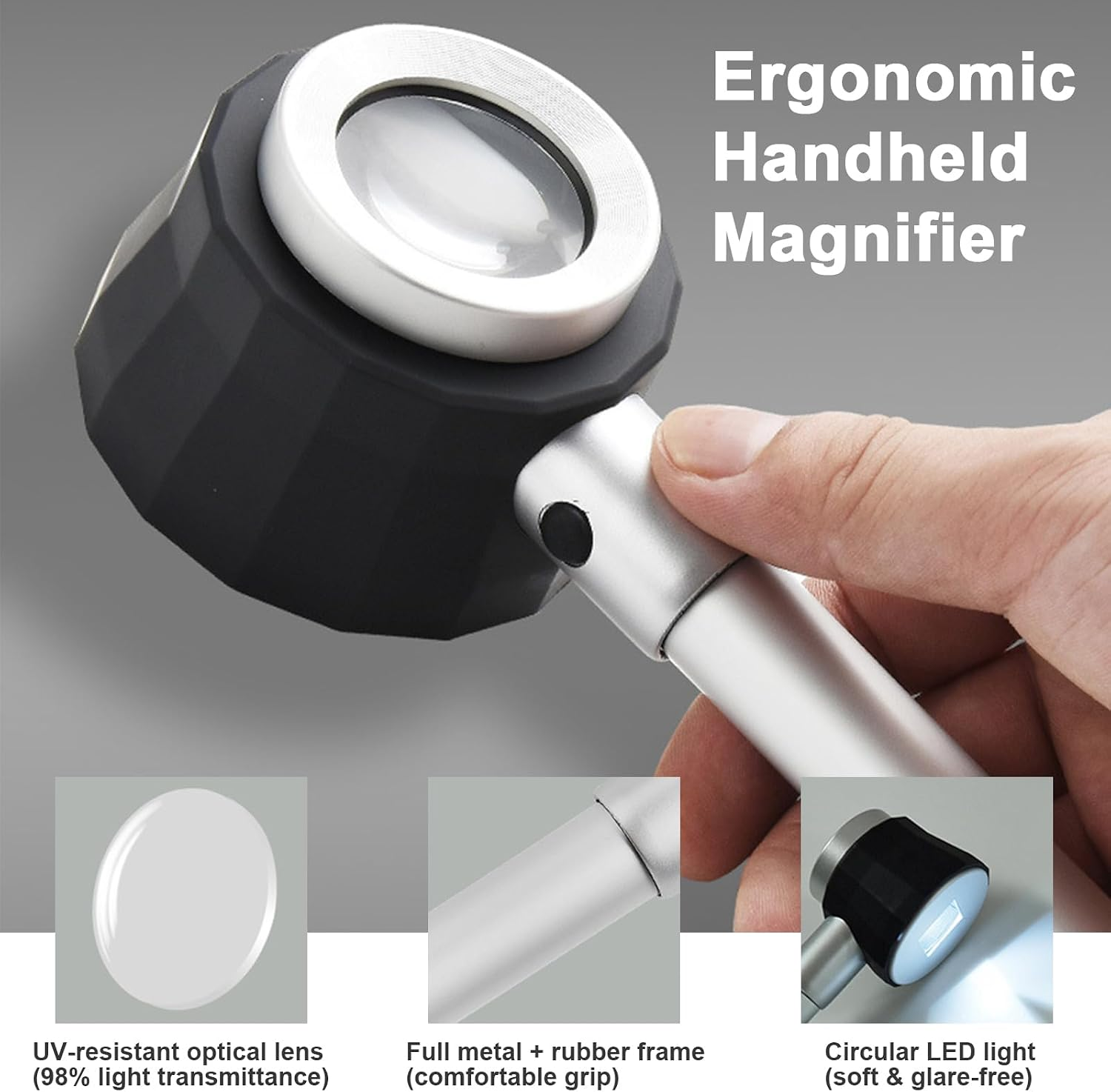 Hand hält eine ergonomische Handlupe mit Metallgriff, UV-Linse und LED-Licht.