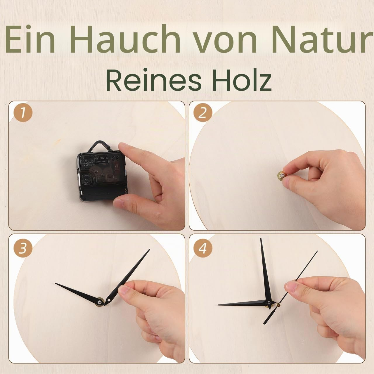 Vierteilige Anleitung zeigt Hände bei der Montage eines Holz-Wanduhrwerks auf einem runden Holzbrett.