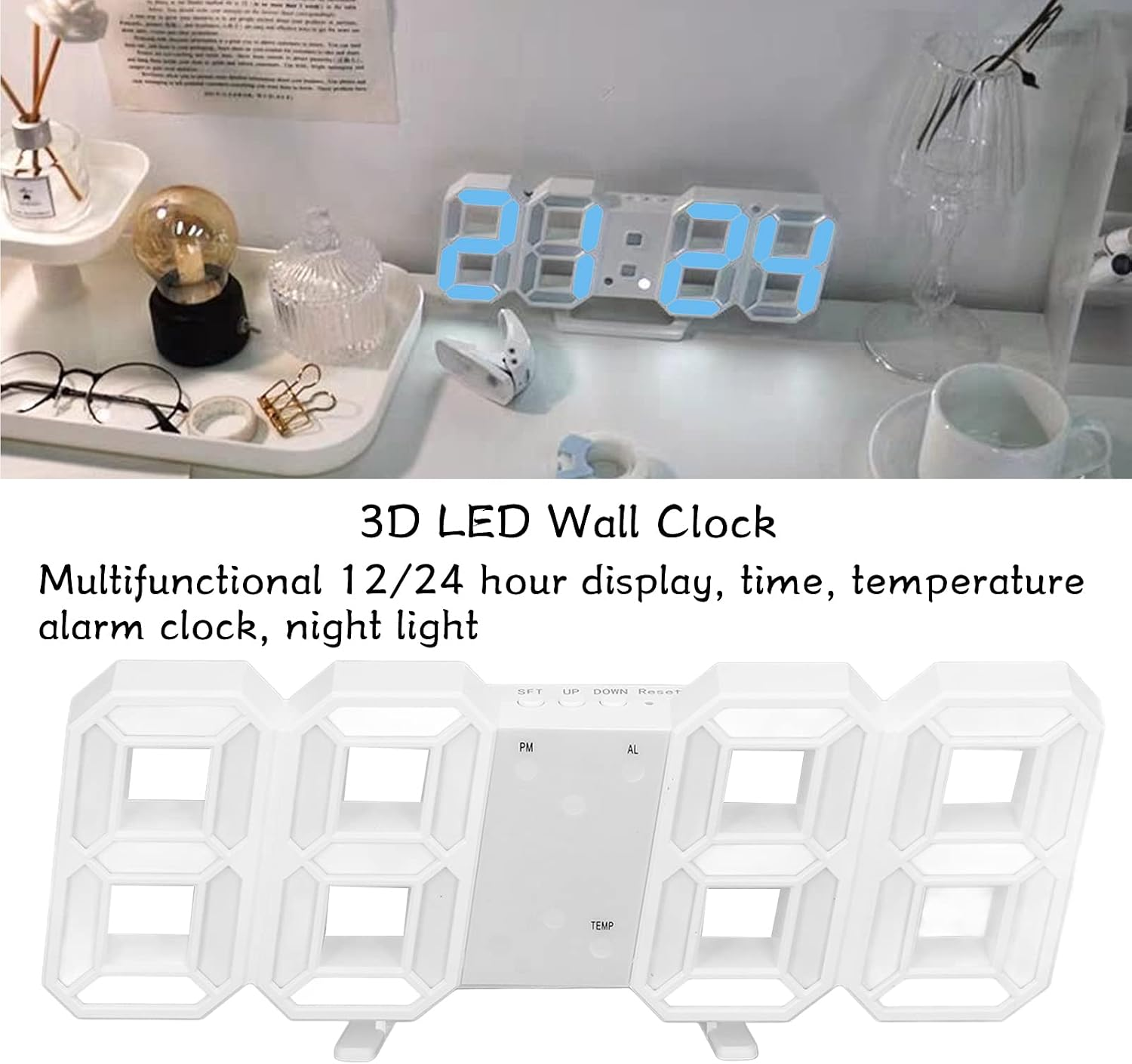 Eine weiße 3D LED-Uhr mit blauer Anzeige und multifunktionalen Funktionen auf einem Tisch.