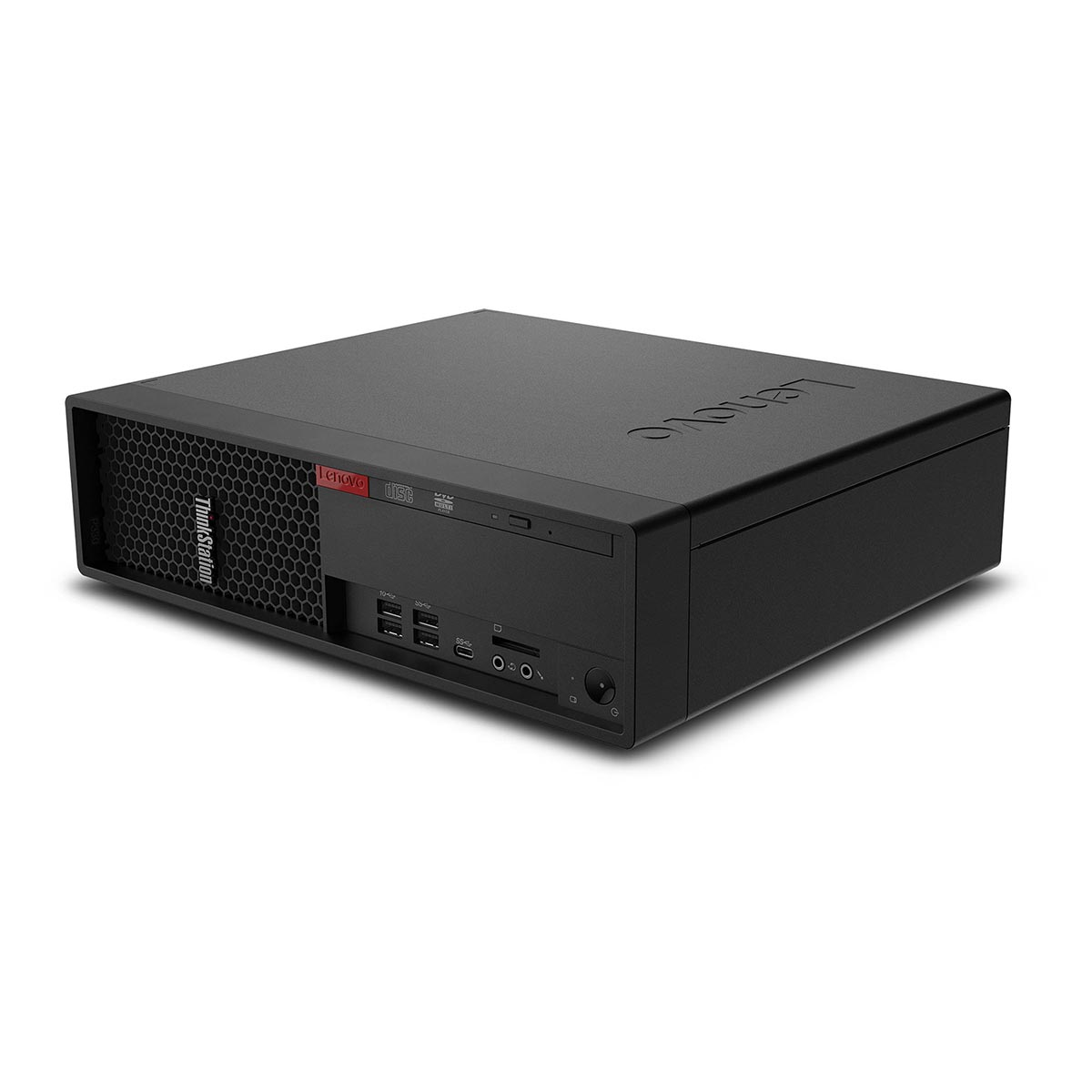 Ein schwarzer Lenovo ThinkStation Desktop-Computer mit Frontanschlüssen und Wabennetz.