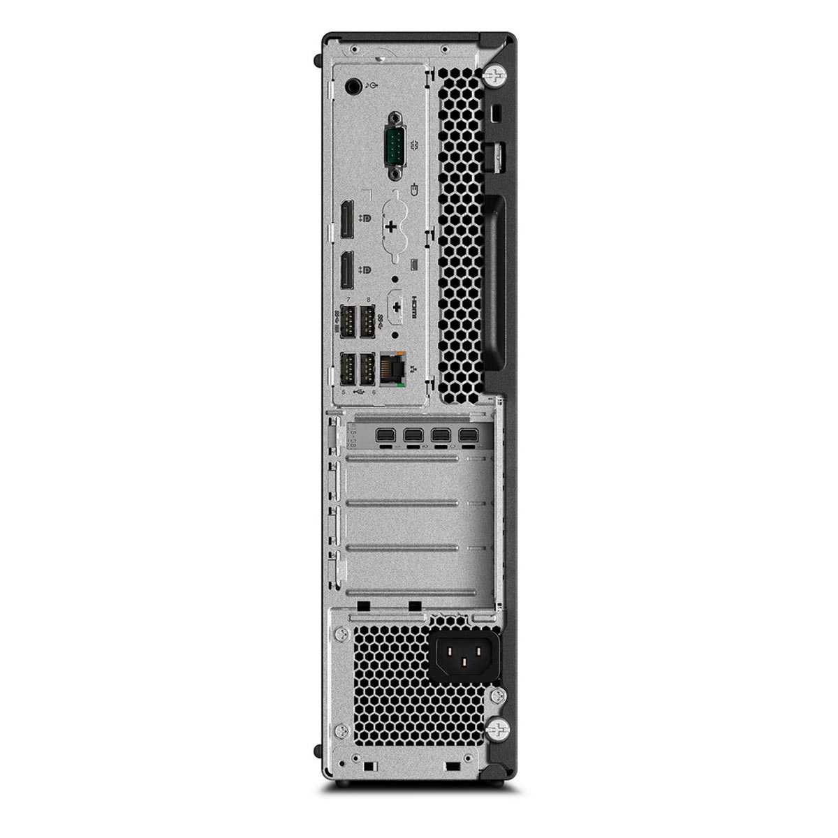 Rückseite eines Desktop-PCs mit verschiedenen Anschlüssen wie USB, HDMI und Audio.