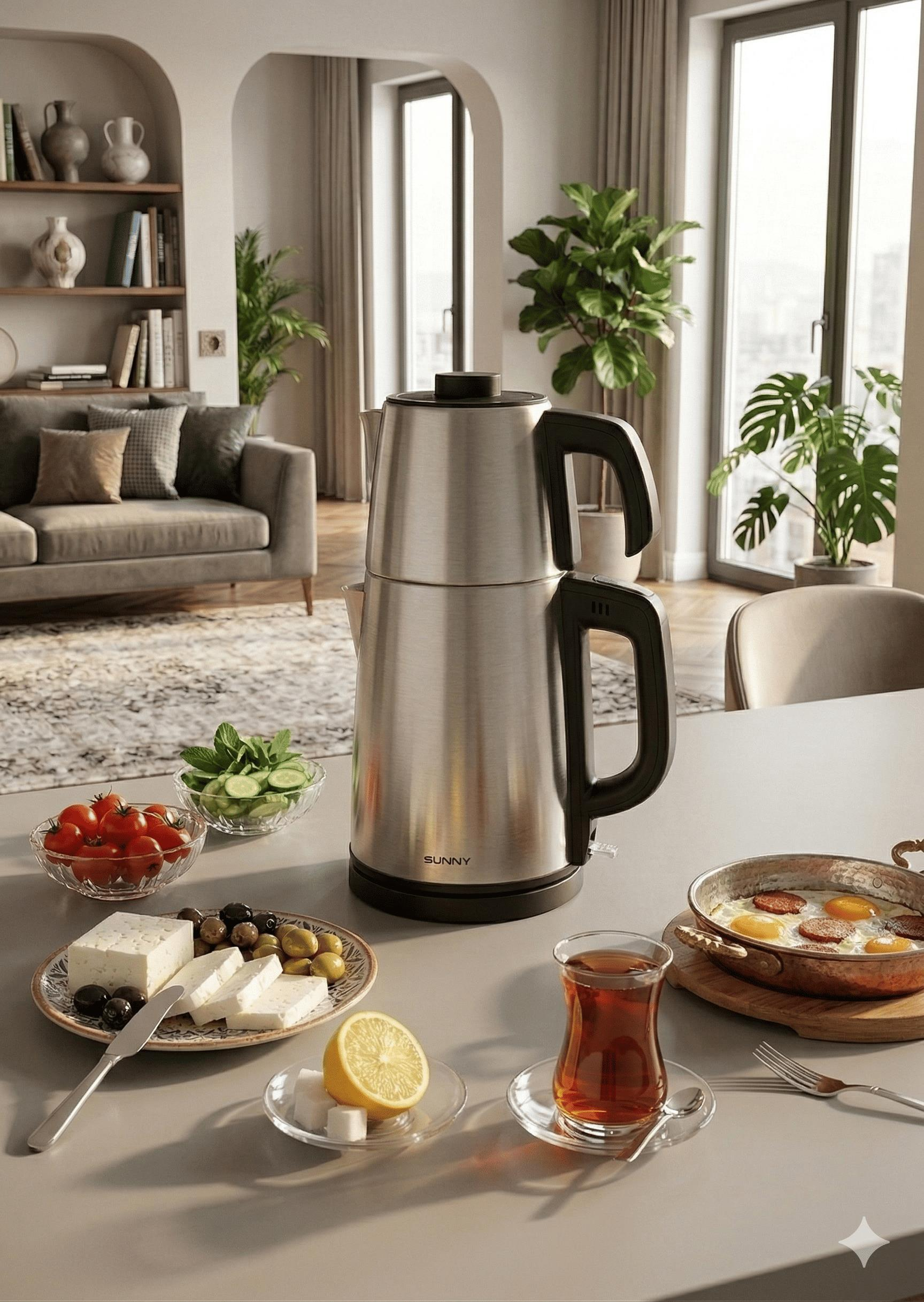 Peynir, zeytin, çay ve yumurta gibi kahvaltılıkların olduğu masada metal çift demlikli çaydanlık duruyor.