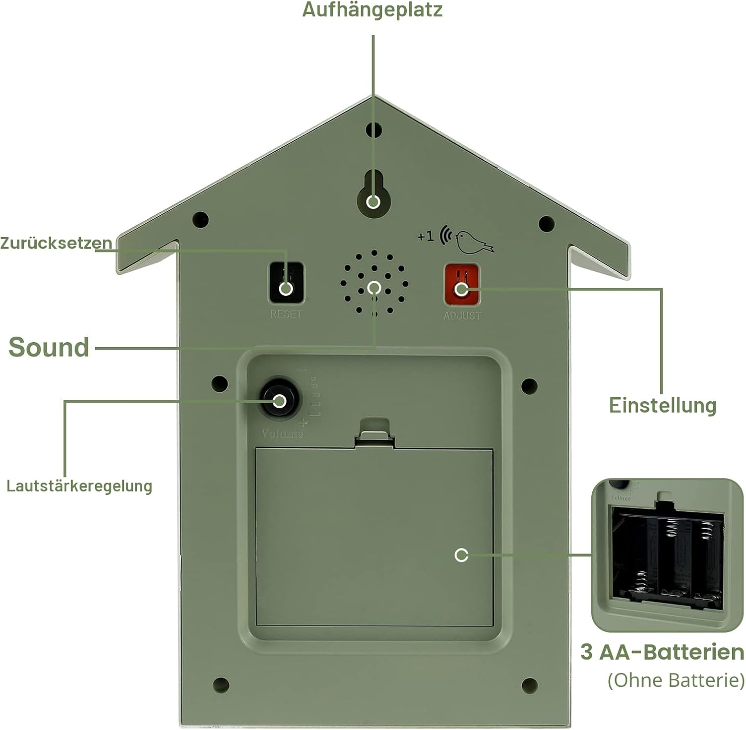 Rückseite eines grünen Vogelhauses mit Reset-Knopf, Lautsprecher, Einstellungsknopf und Batteriefach für 3 AA-Batterien.
