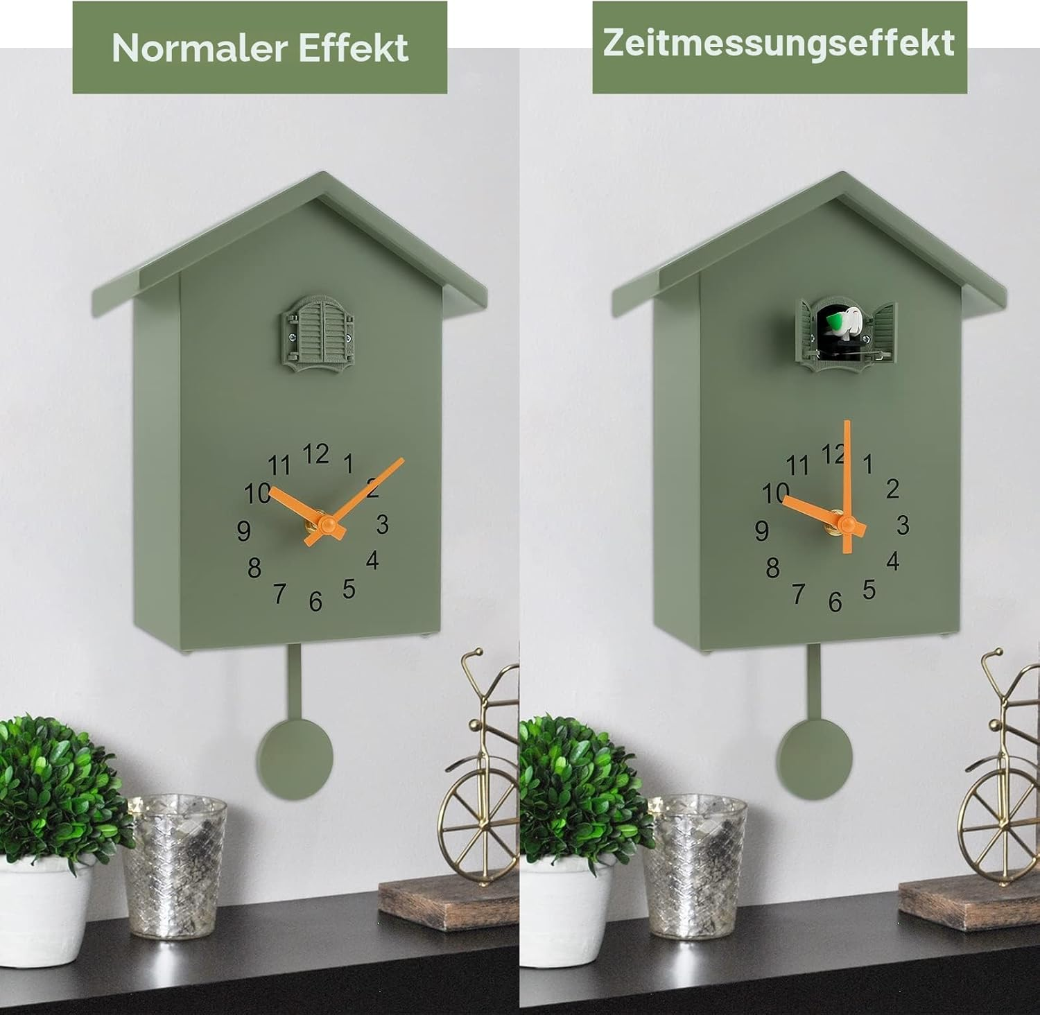Vergleich zweier grüner Kuckucksuhren an einer Wand mit Pflanze und Skulptur auf dem Tisch.