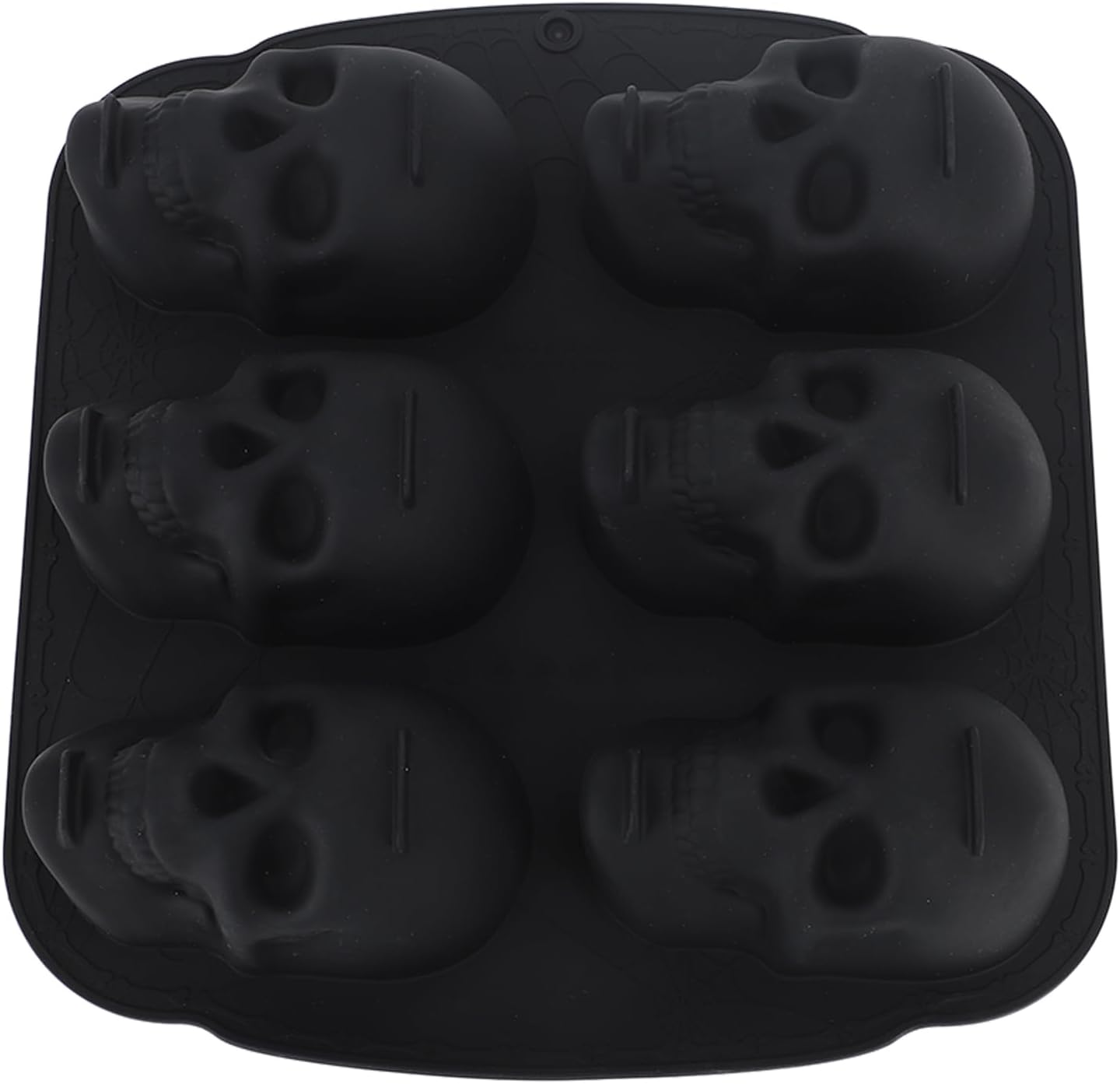 Schwarze Silikonform mit sechs detaillierten Totenkopf-Mulden für Eis oder Gebäck.