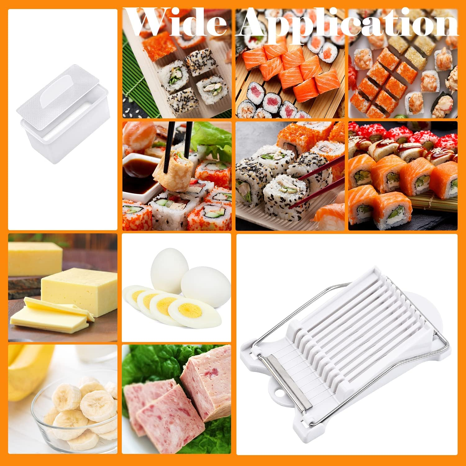 Kollage von Küchenhelfern und Lebensmitteln wie Sushi, Käse und Eiern.