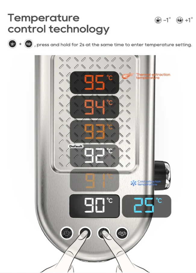Bedienfeld einer Kaffeemaschine mit digitaler Temperaturanzeige von 90°C bis 95°C und 25°C.