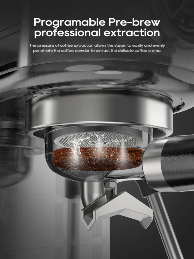 Diagramm der programmierbaren Brühvorbereitung an einer Espressomaschine mit Kaffeemehl.