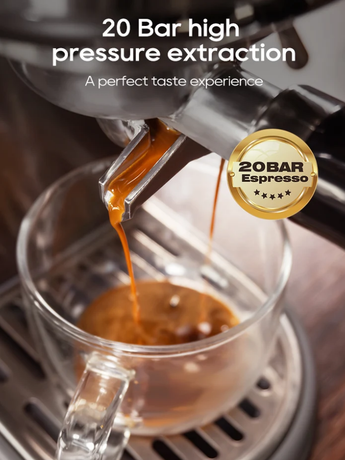 Espresso läuft aus einer Maschine in ein Glas, Text hebt 20-Bar-Hochdruckextraktion hervor.