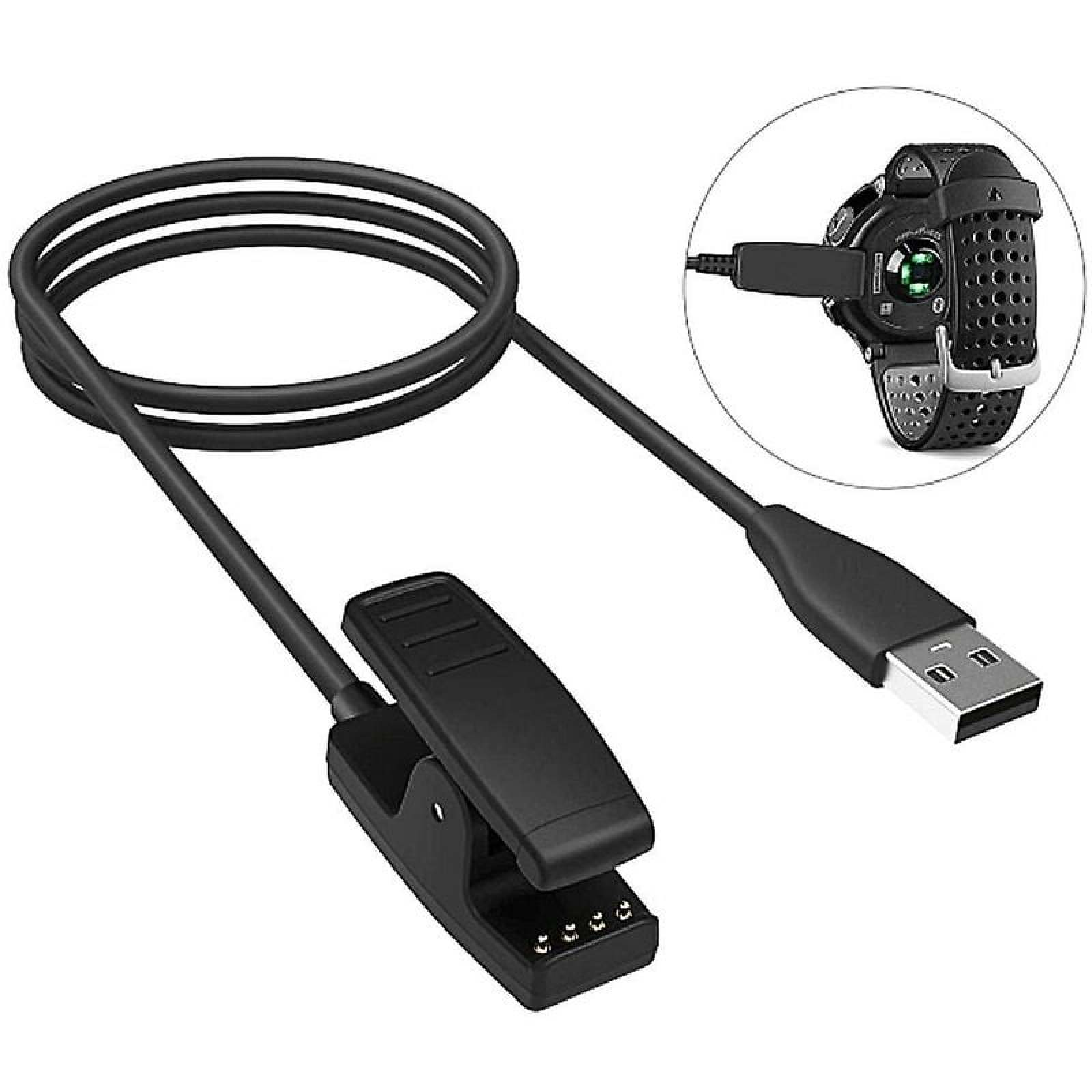 Ein schwarzes USB-Ladekabel mit Clip-Aufsatz zum Laden einer Sportuhr, die im Insert zu sehen ist.