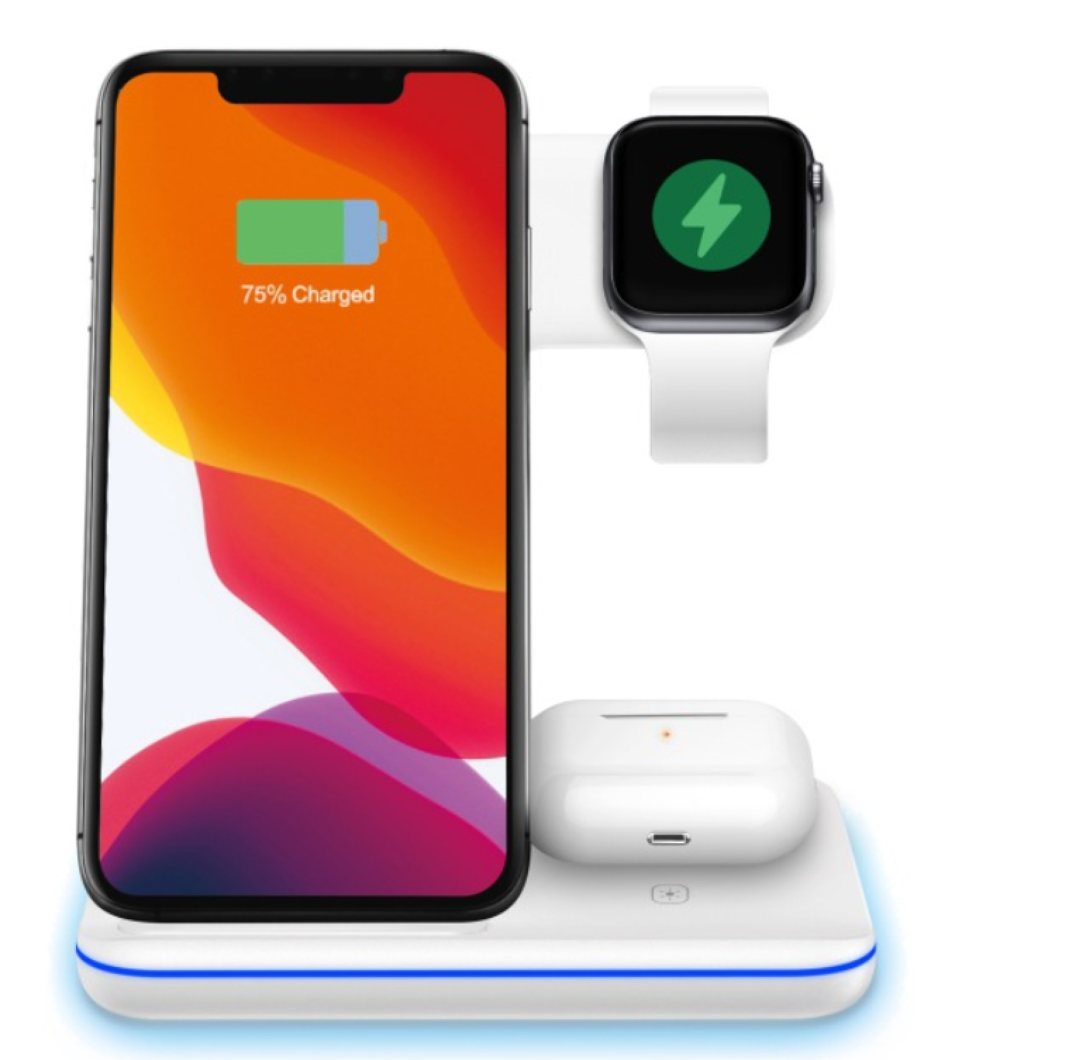 Eine weiße kabellose Ladestation lädt ein iPhone, eine Smartwatch und AirPods gleichzeitig.