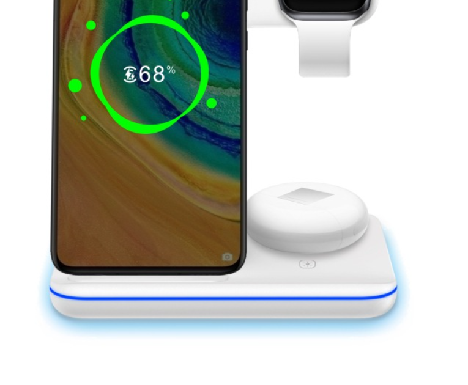 Ein weißes kabelloses Ladegerät für mehrere Geräte lädt ein Smartphone mit 68%, mit Smartwatch und Ohrhörergehäuse.