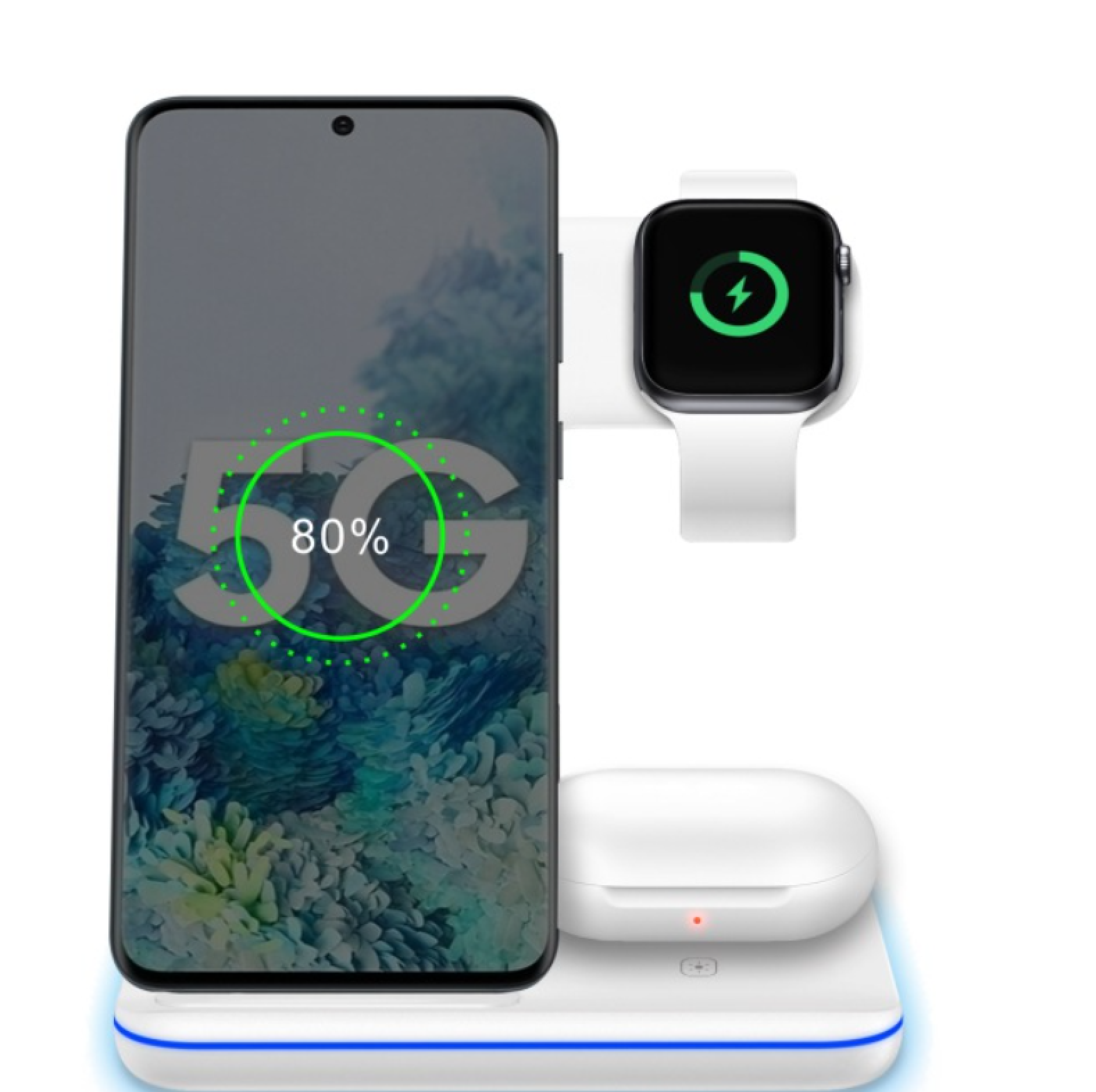 Eine weiße Ladestation lädt kabellos ein Smartphone, eine Smartwatch und Kopfhörer.