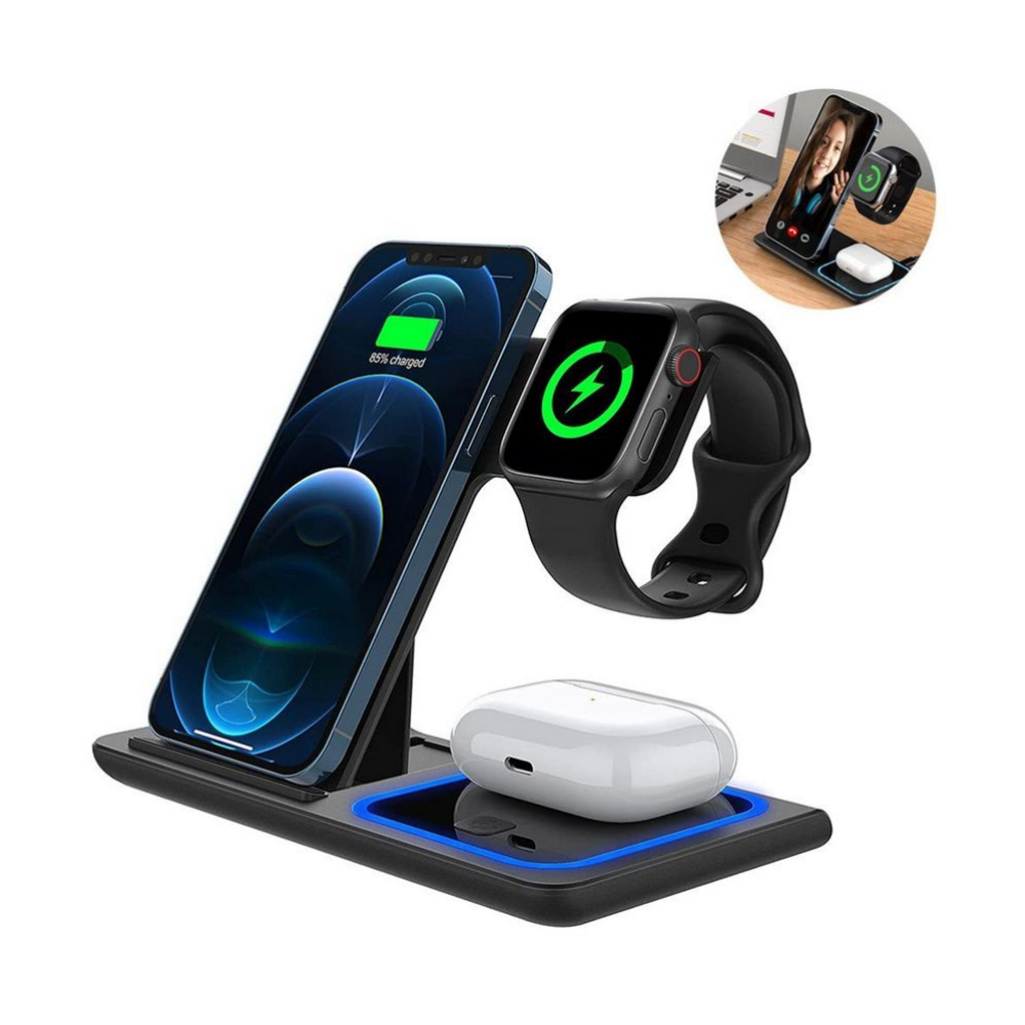 Eine schwarze 3-in-1-Ladestation hält ein Smartphone, eine Smartwatch und drahtlose Ohrhörer.