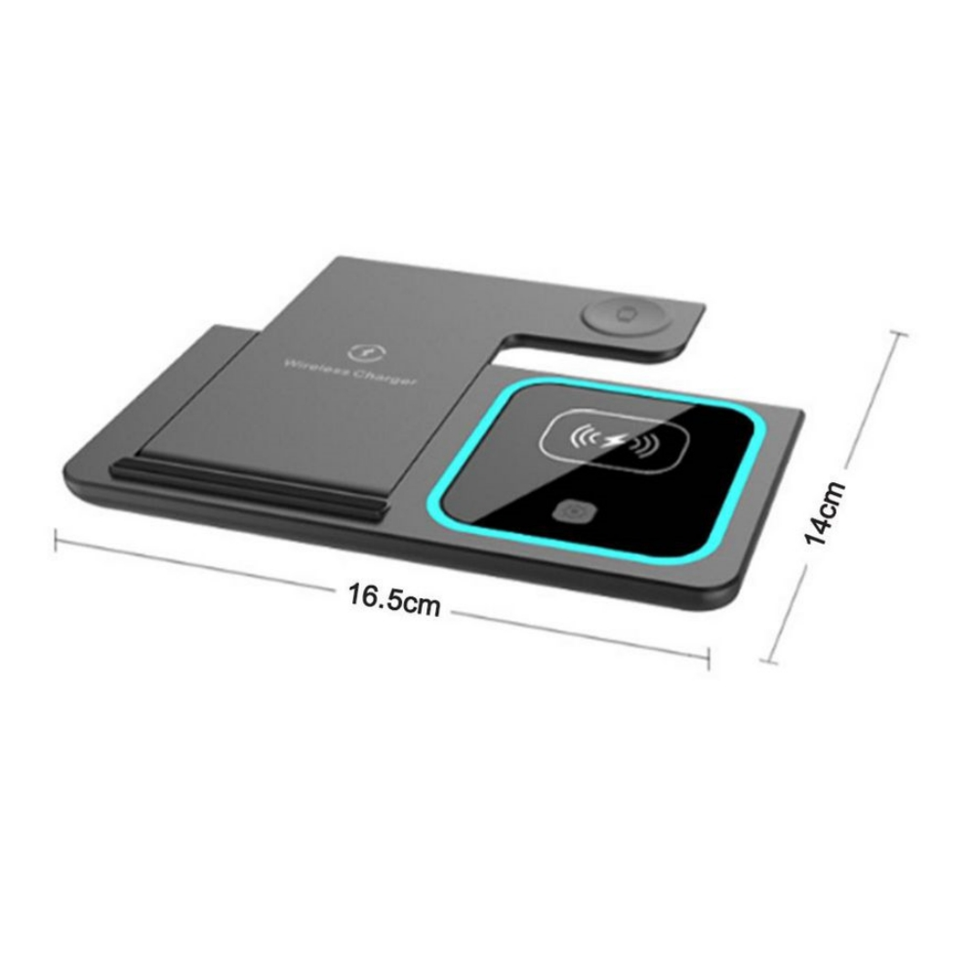 Schwarzes 3-in-1-Wireless-Ladegerät mit Maßen von 16.5 cm mal 14 cm.