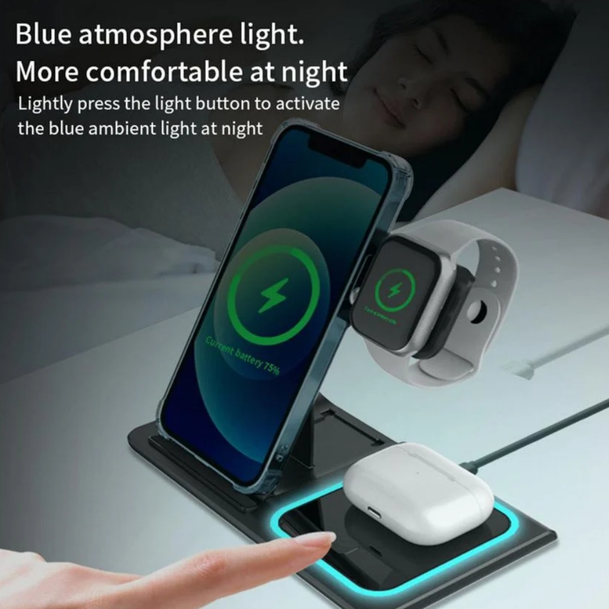 Eine Ladestation lädt ein Smartphone, eine Smartwatch und Kopfhörer, mit einer Person, die im Hintergrund schläft.
