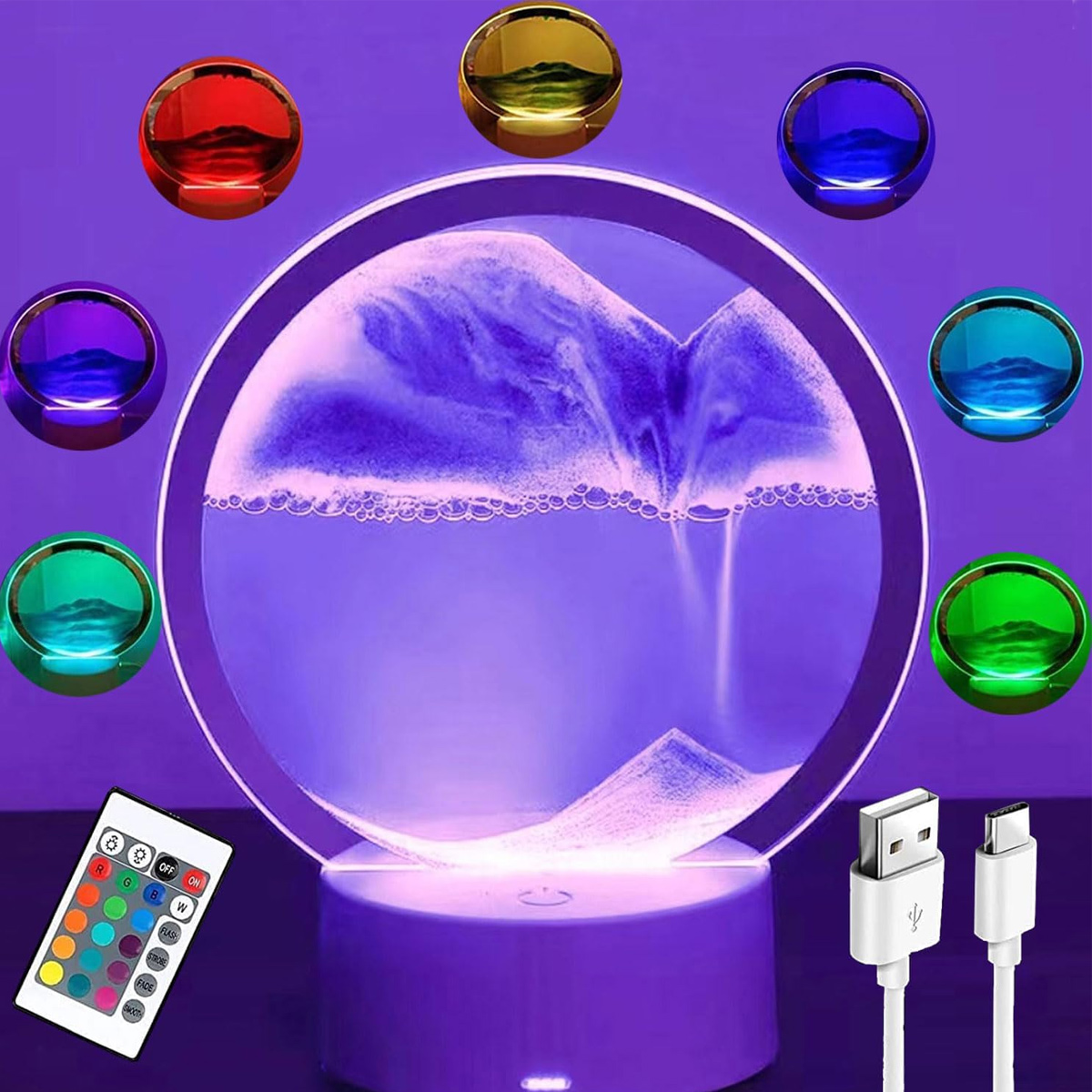 Runde Sanduhr-Lampe mit violettem Licht, Fernbedienung, USB-Kabel und Farboptionen drumherum.
