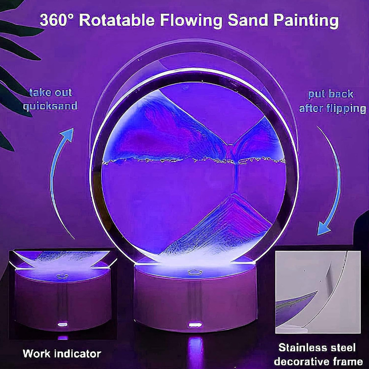 Eine kreisrund rotierende Sandbild-Lampe in Lila mit beschreibenden Etiketten.