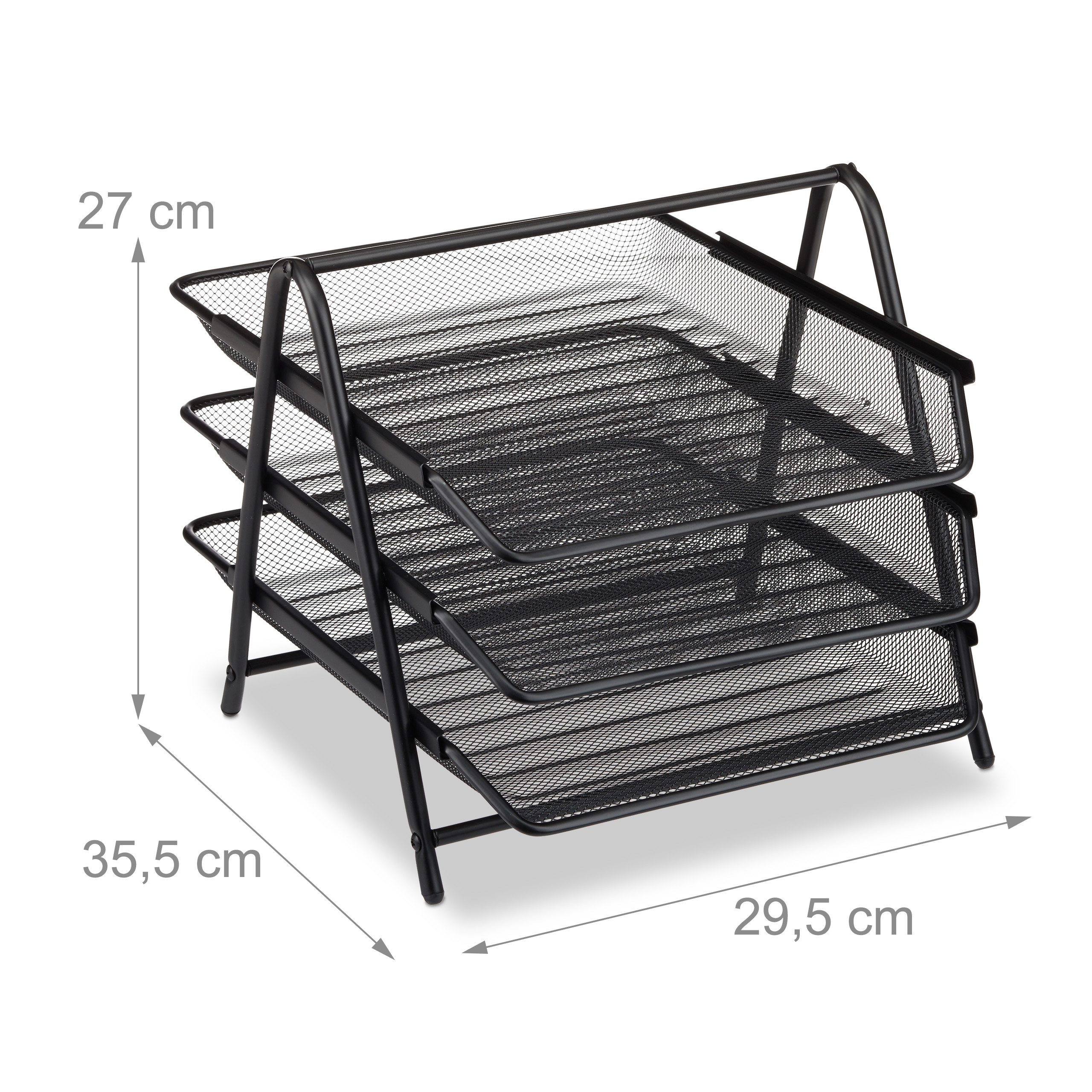 Ein schwarzer Schreibtischorganizer aus Metallgitter mit drei Ablagen und Maßangaben.