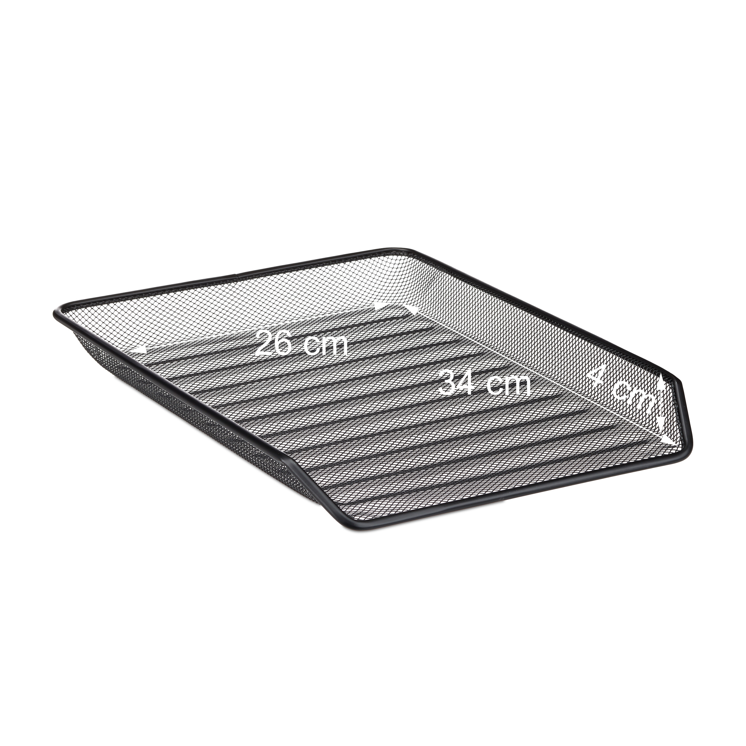 Schwarze Metallgitter-Dokumentenablage mit Abmessungen von 26x34x4 cm auf weißem Hintergrund.