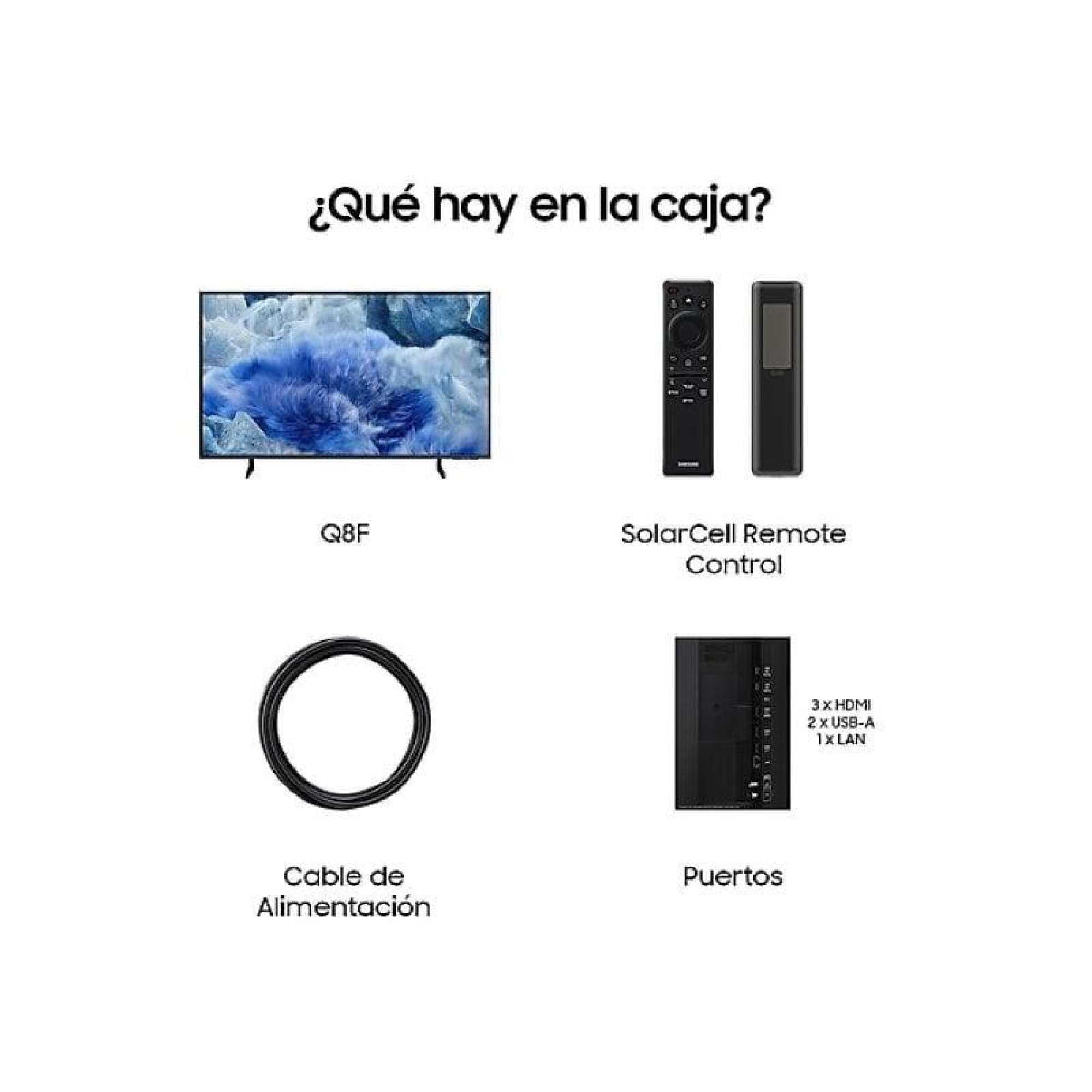 Diagramma che mostra il contenuto della confezione: TV Q8F, telecomando Solar Cell, cavo di alimentazione e porte.