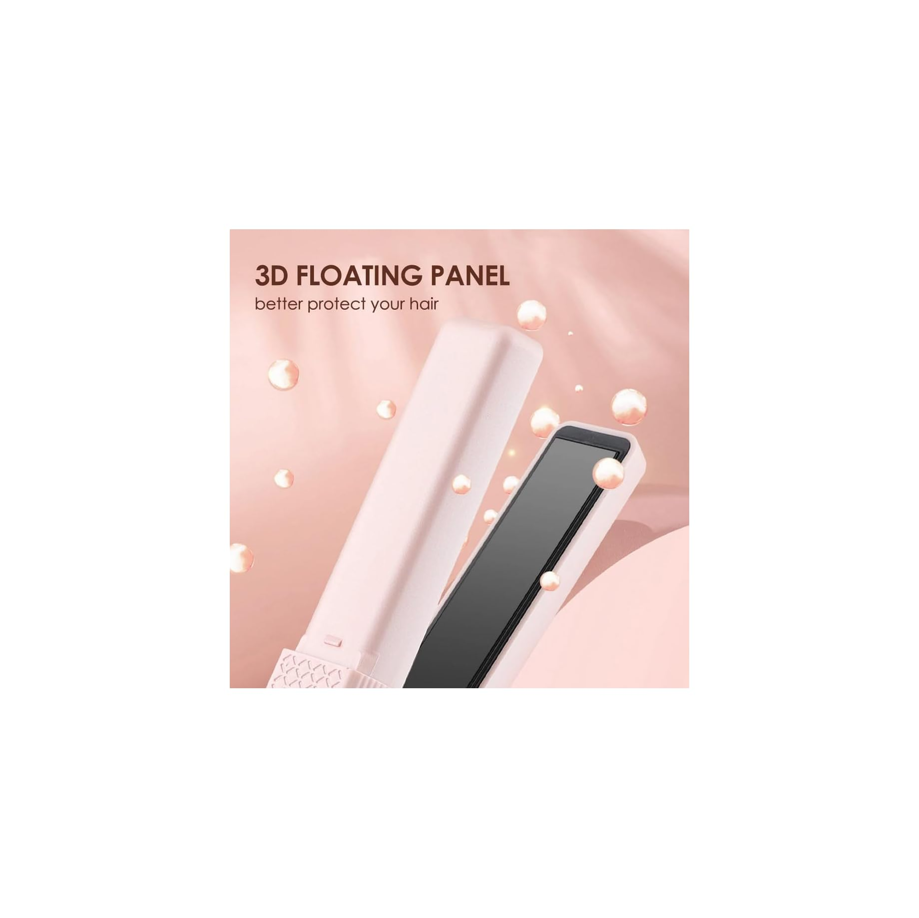 Rosa Haarglätter mit schwebenden Platten vor pinkem Hintergrund mit schwebenden Perlen.