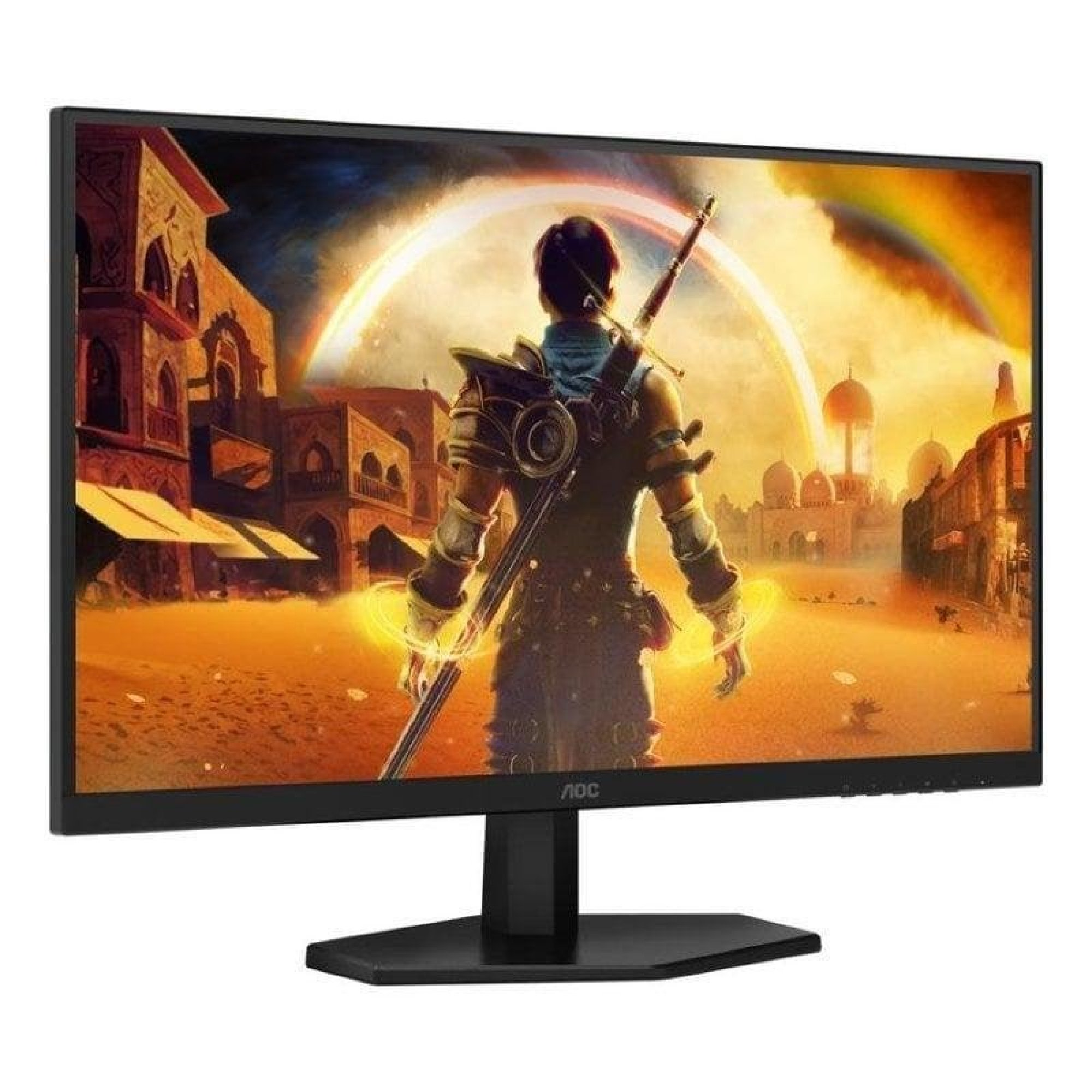 Black AOC monitor displays a fantasy warrior in a desert city with glowing arch.