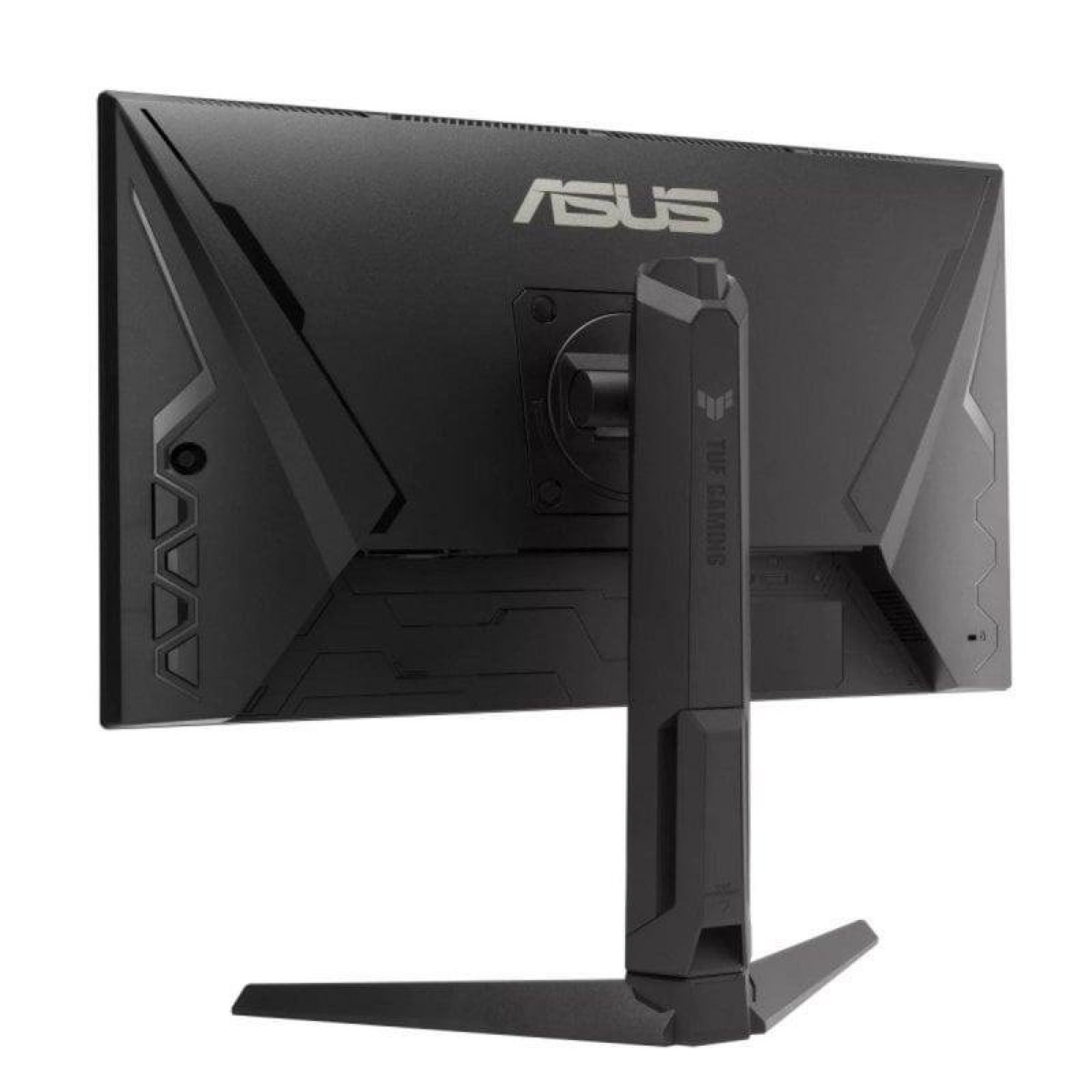 Vista posteriore di un monitor nero Asus TUF Gaming con supporto su sfondo bianco.