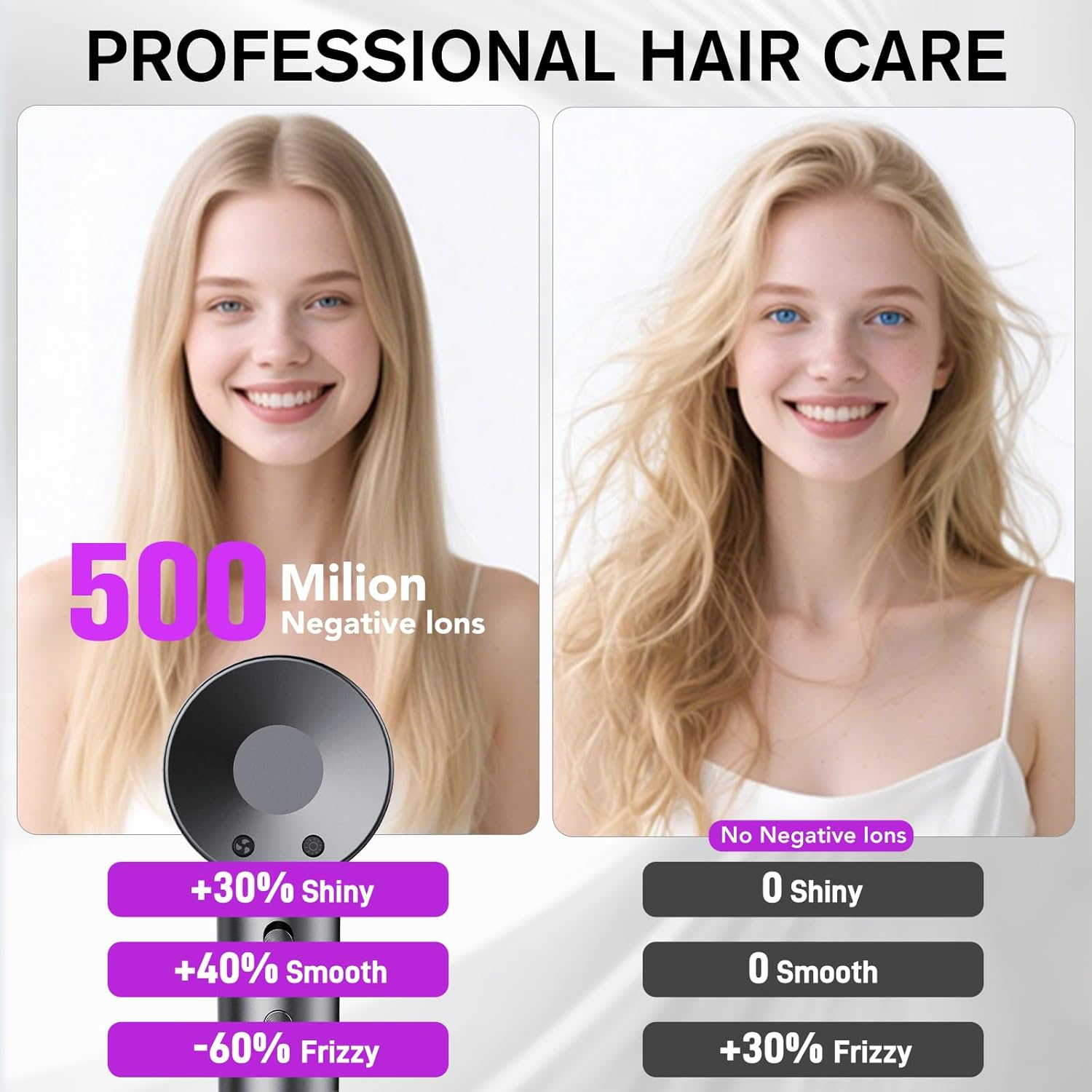 Vergleich zweier Frauen mit glattem und krausem Haar nach Verwendung eines Haartrockners mit negativen Ionen.