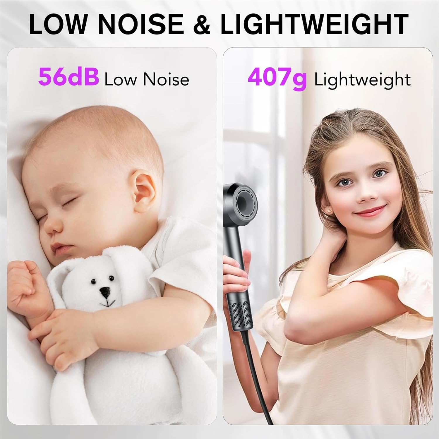 Werbung mit schlafendem Baby und Mädchen mit Haartrockner, die geringe Lautstärke und geringes Gewicht hervorhebt.