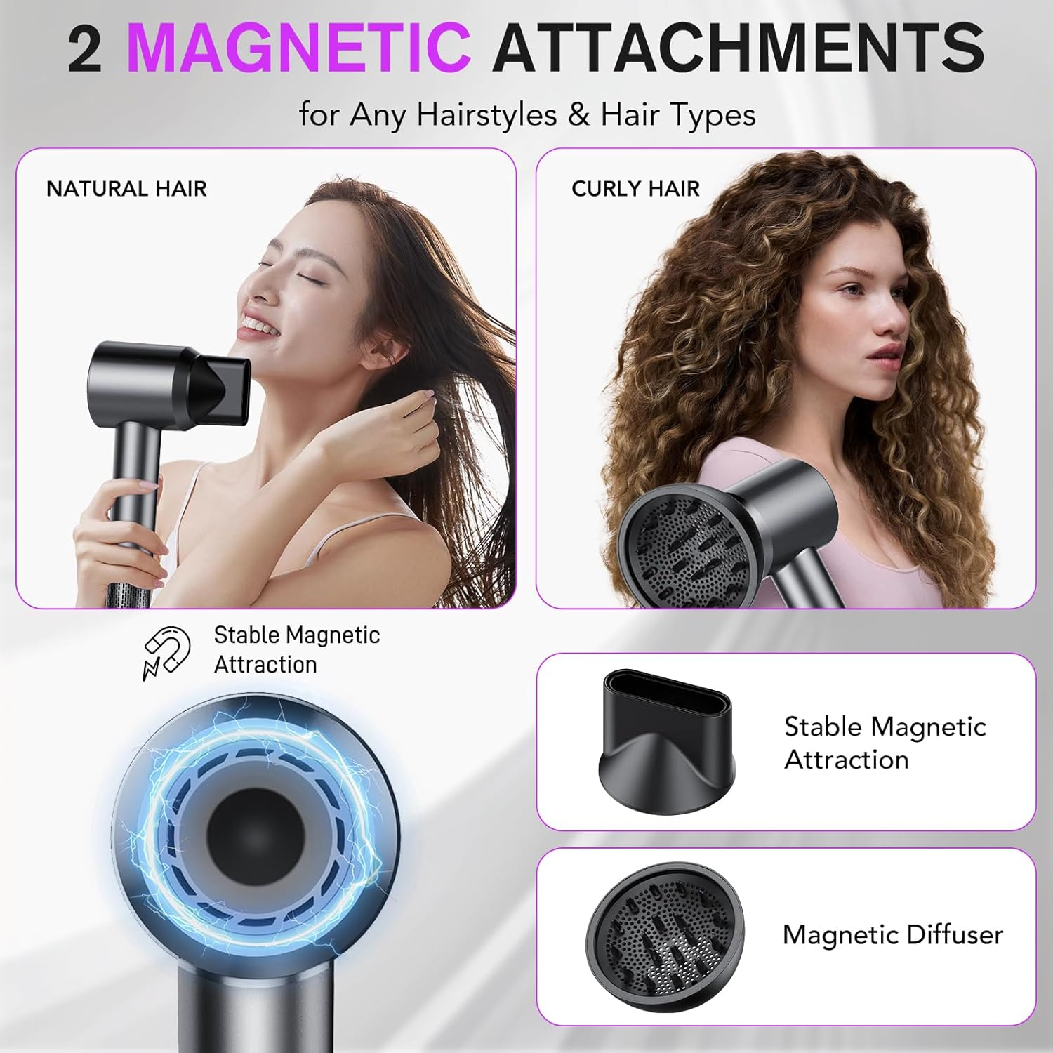 Produktwerbung für Haartrockner mit zwei magnetischen Aufsätzen für glattes und lockiges Haar.