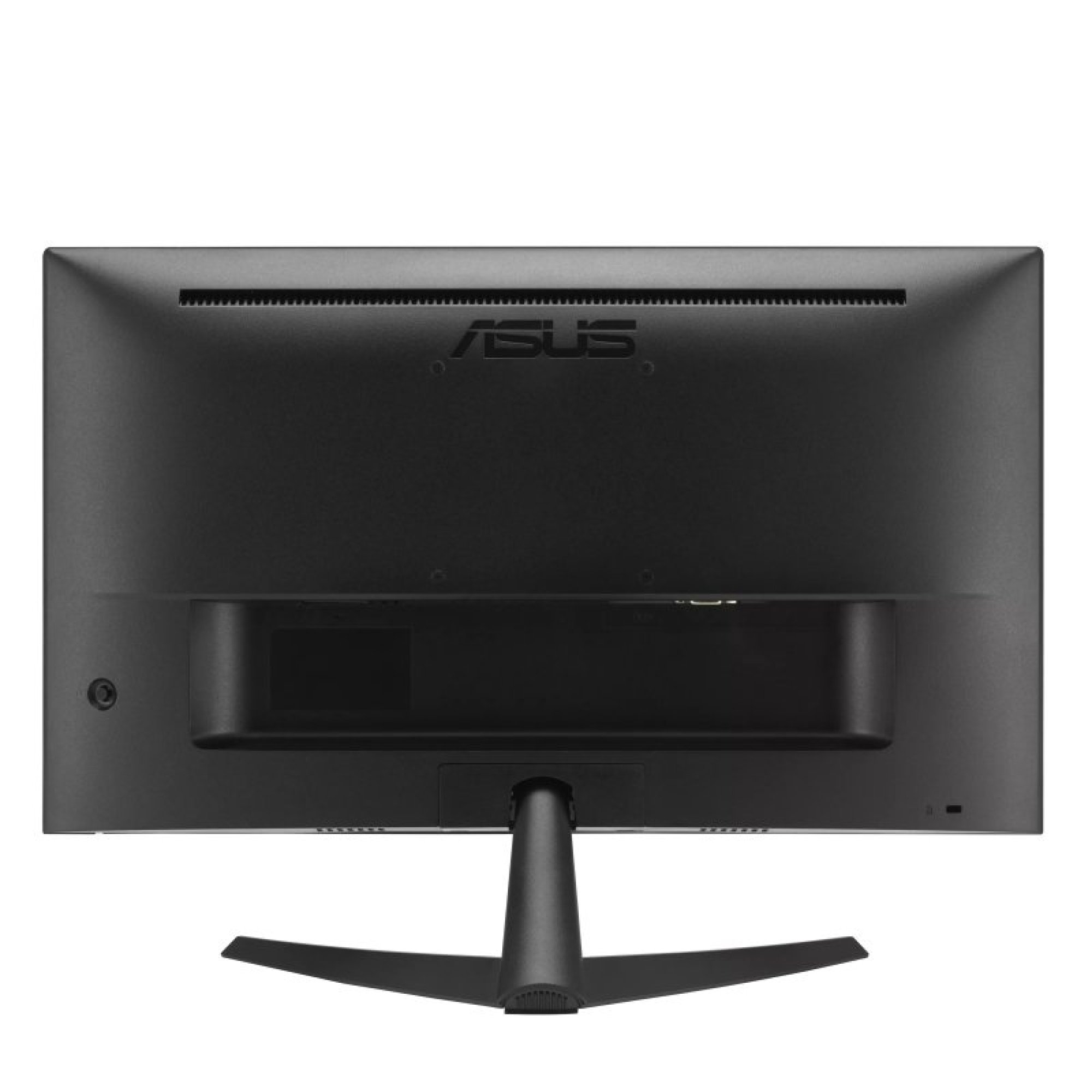 Vue arrière d'un moniteur d'ordinateur Asus noir montrant le pied, les fentes de ventilation et le logo Asus.