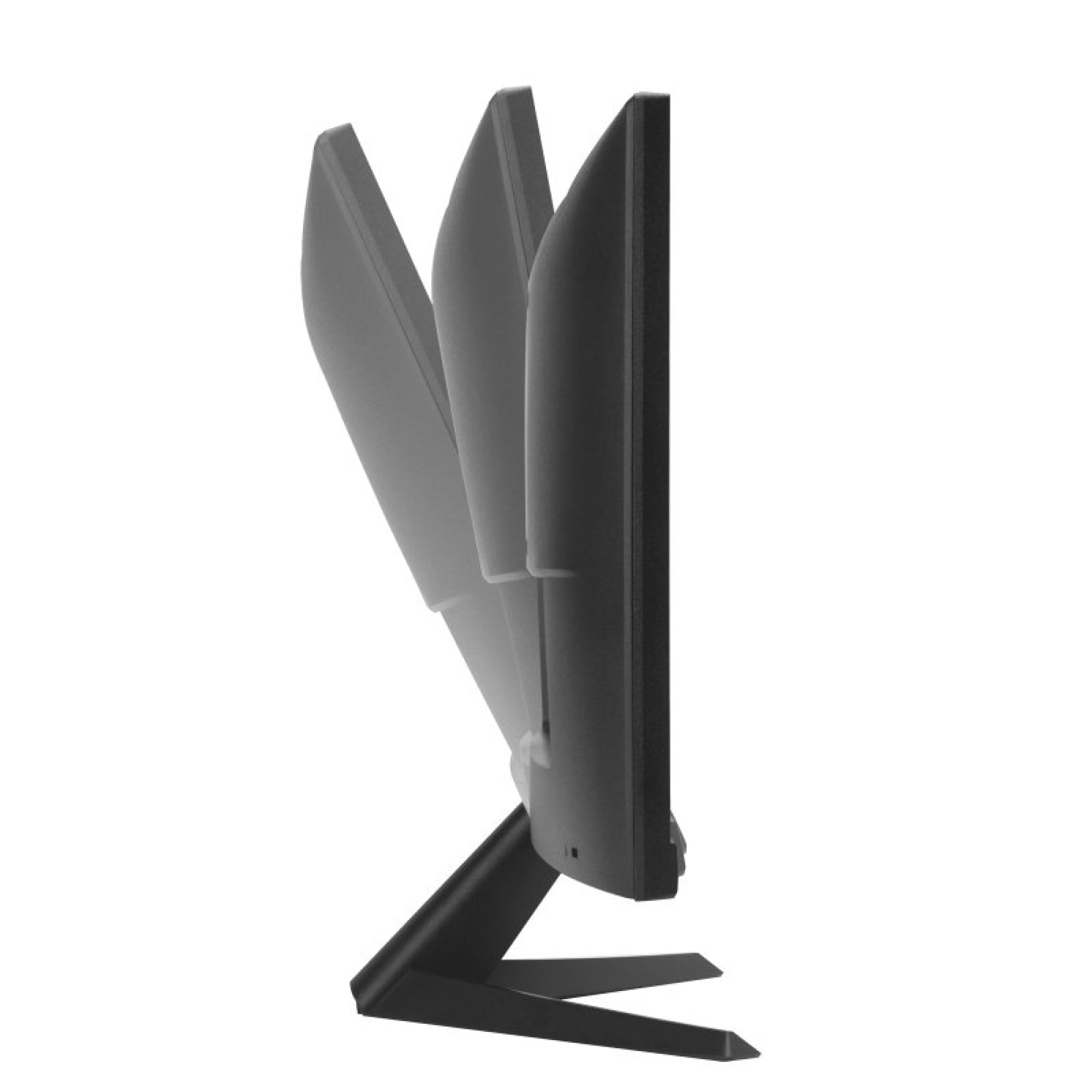 Vue latérale d'un écran d'ordinateur noir sur un support, montrant les angles d'inclinaison réglables.