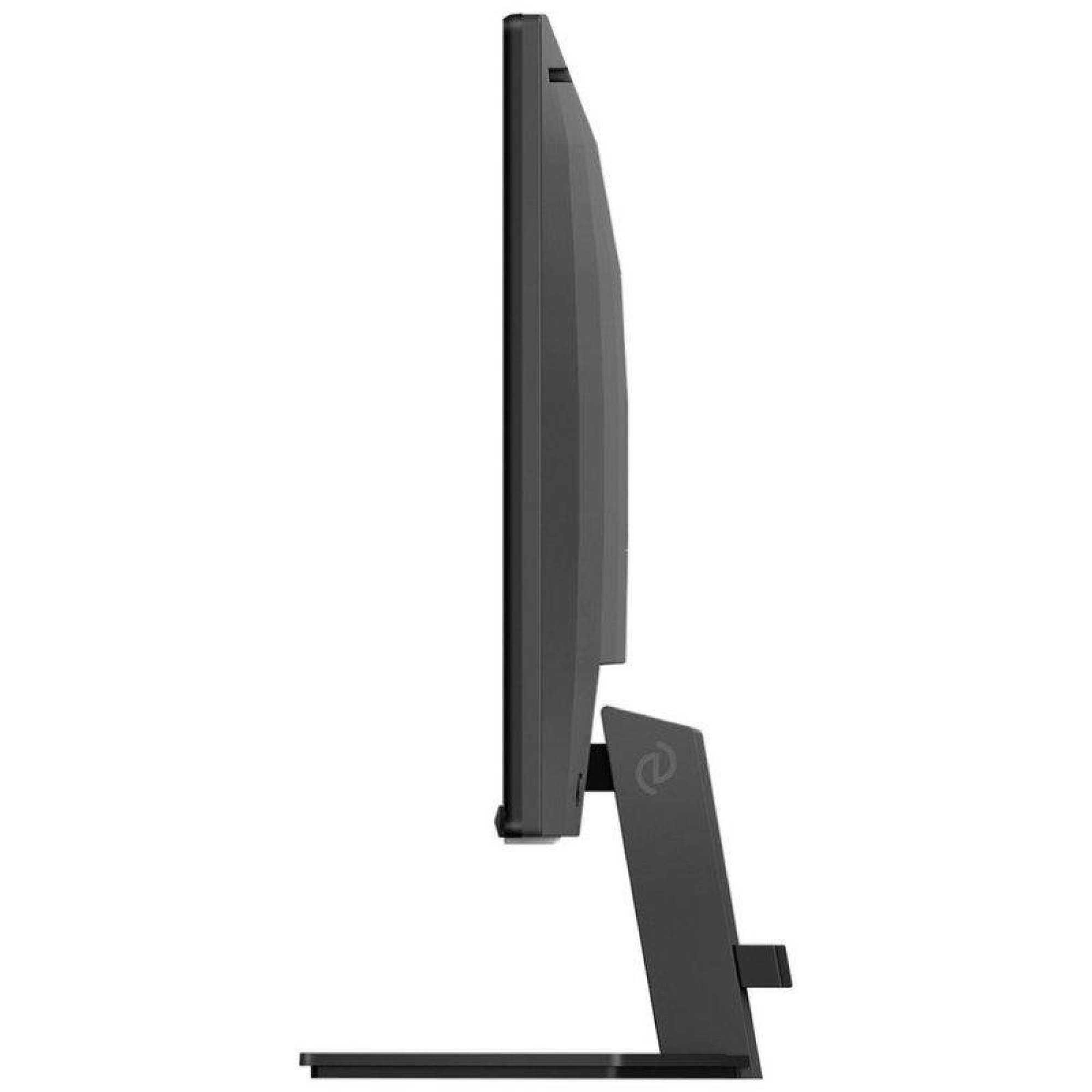 Vista laterale di un sottile monitor nero per computer su supporto regolabile con sfondo bianco.