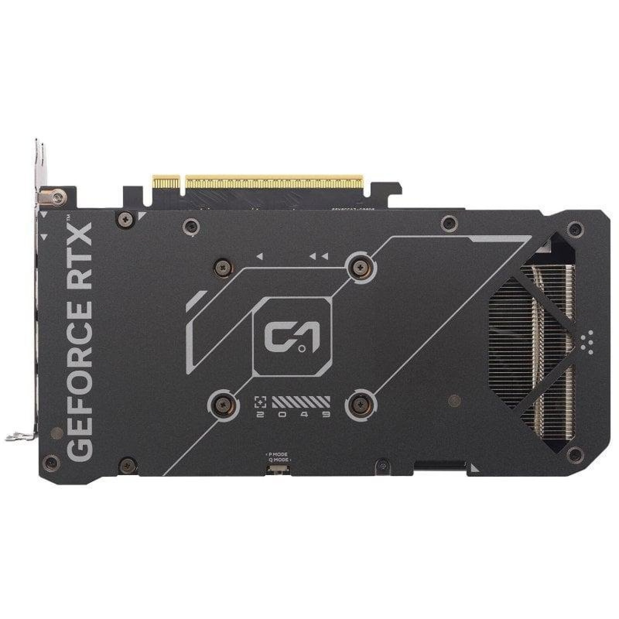 Backplate di una scheda grafica nera GeForce RTX con scritta argentata e connettore PCIe in alto.