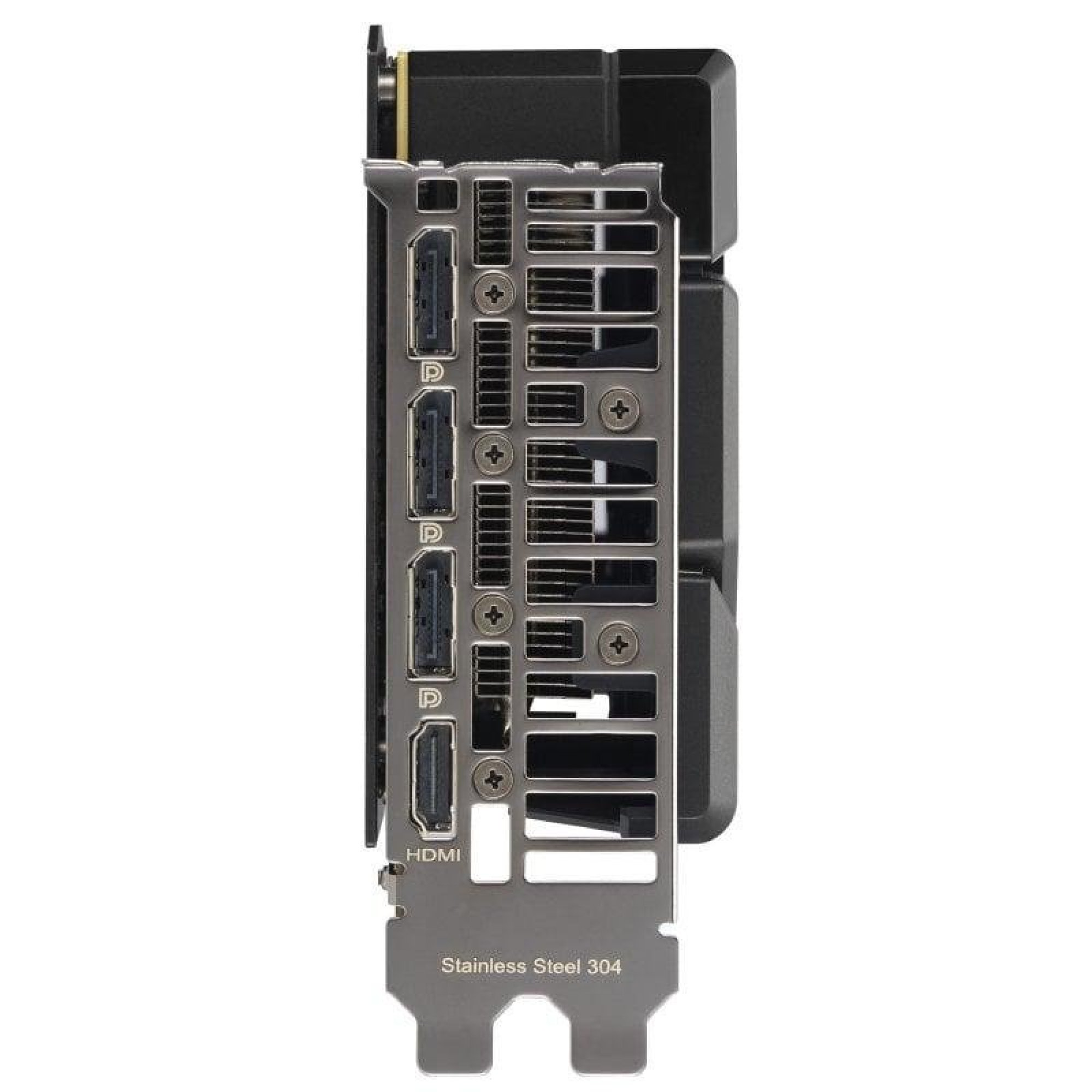 Pannello posteriore della scheda video con tre porte DisplayPort, una porta HDMI e staffa in acciaio inossidabile 304.