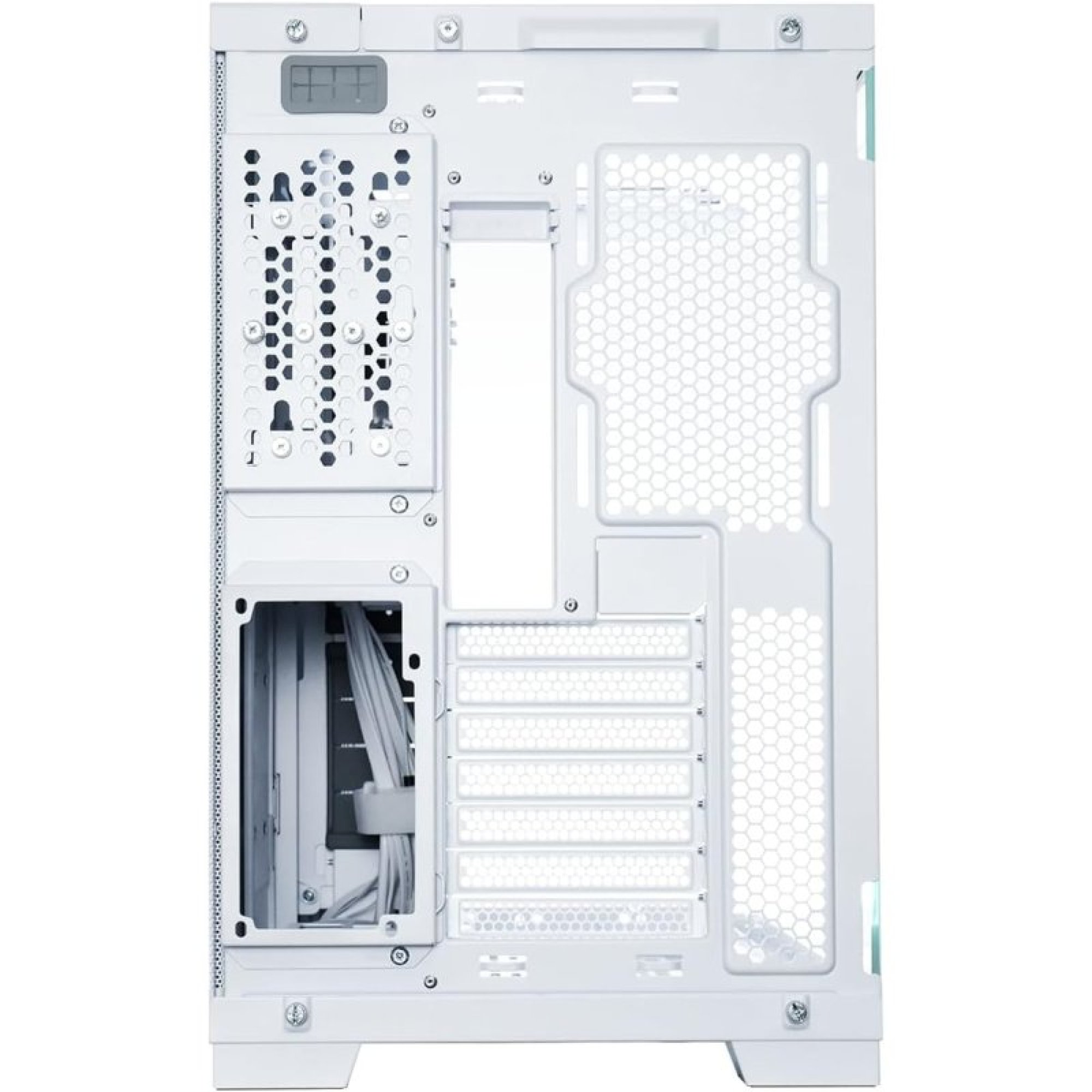L'interno di un case per PC bianco con pannelli in rete e cavi visibili.