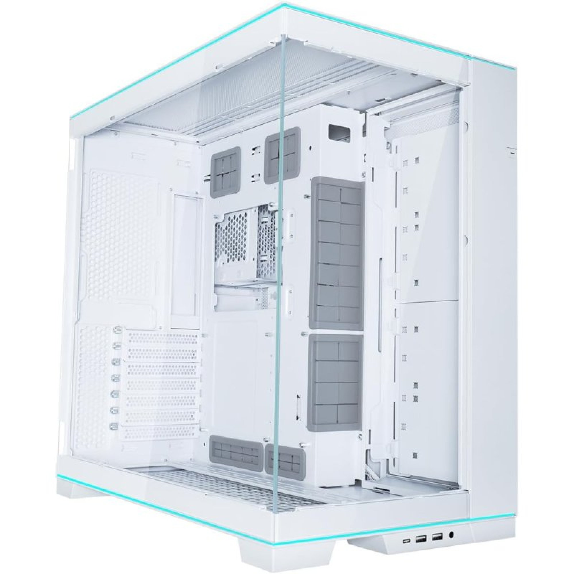 Un case per PC bianco vuoto con pannelli in vetro e luci teal su sfondo bianco.