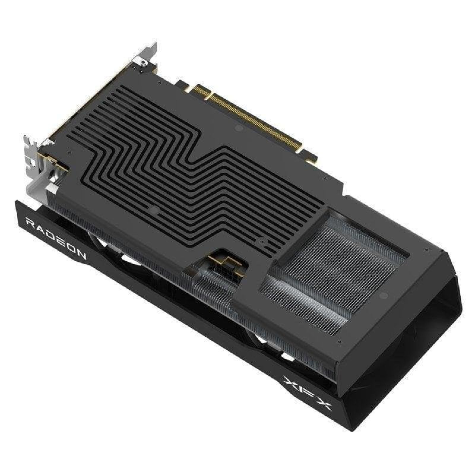 Scheda grafica nera XFX Radeon con dissipatore a coste e porte visibili su sfondo bianco.
