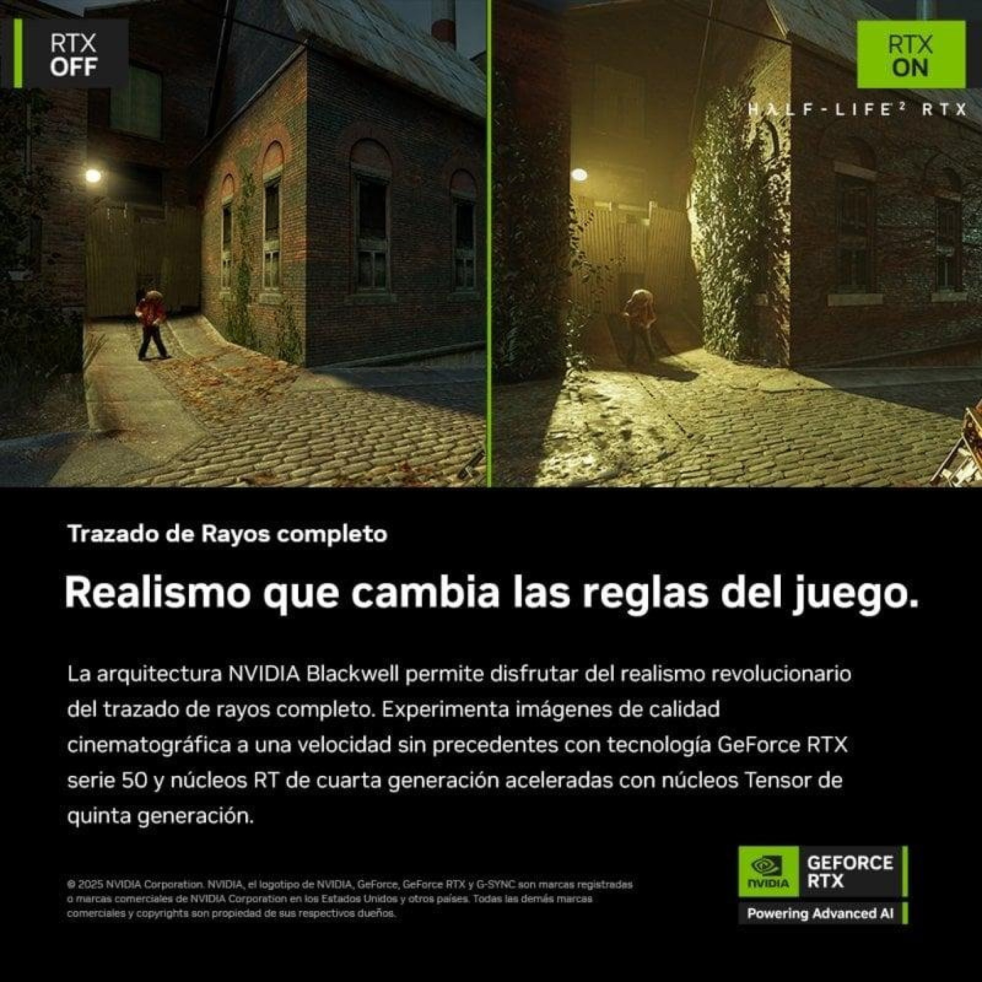 Image comparative montrant Half-Life 2 avec et sans lancer de rayons RTX, avec éclairage et ombres améliorés.