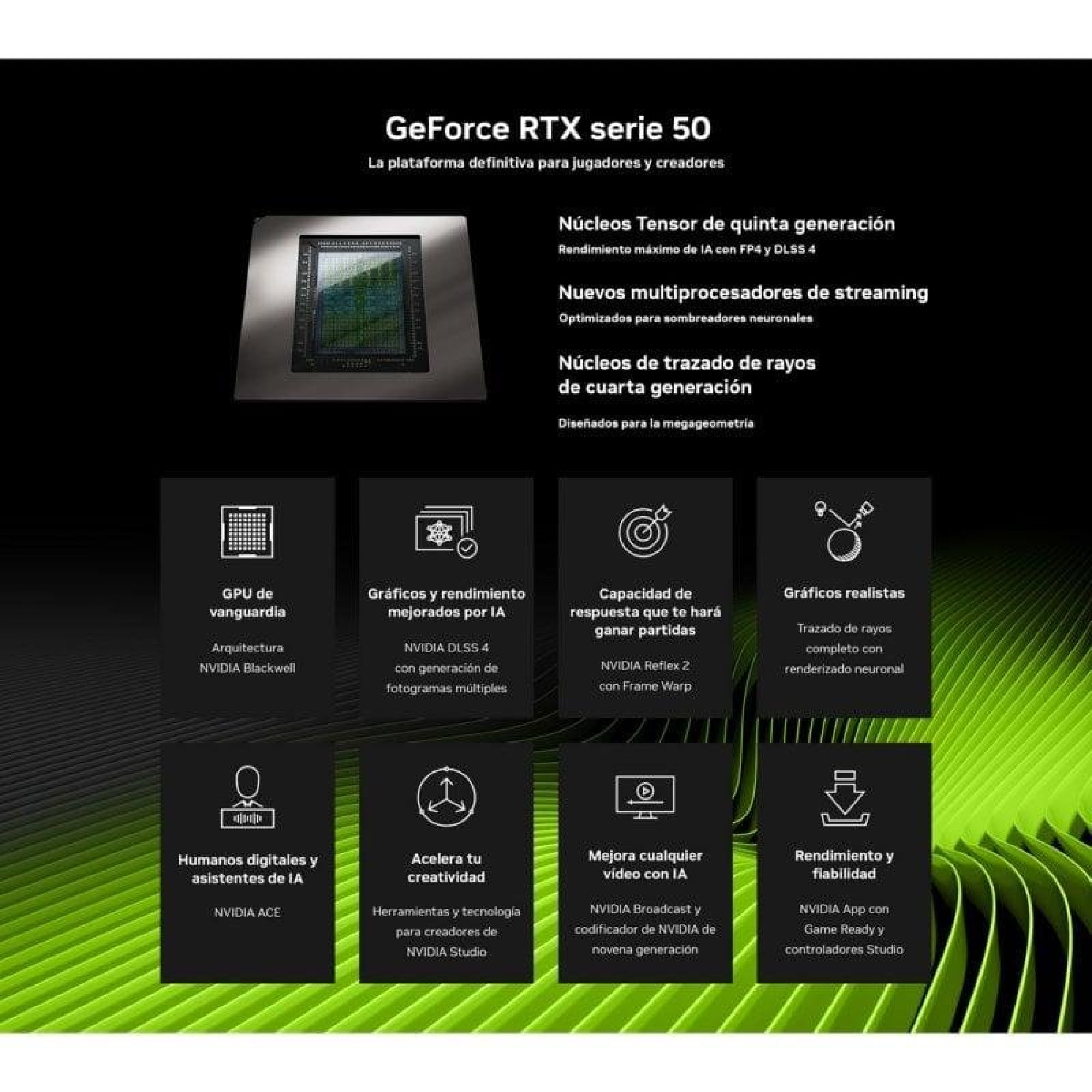 Promo de la série GeForce RTX 50 avec fond noir, puce GPU et fonctionnalités clés en espagnol.