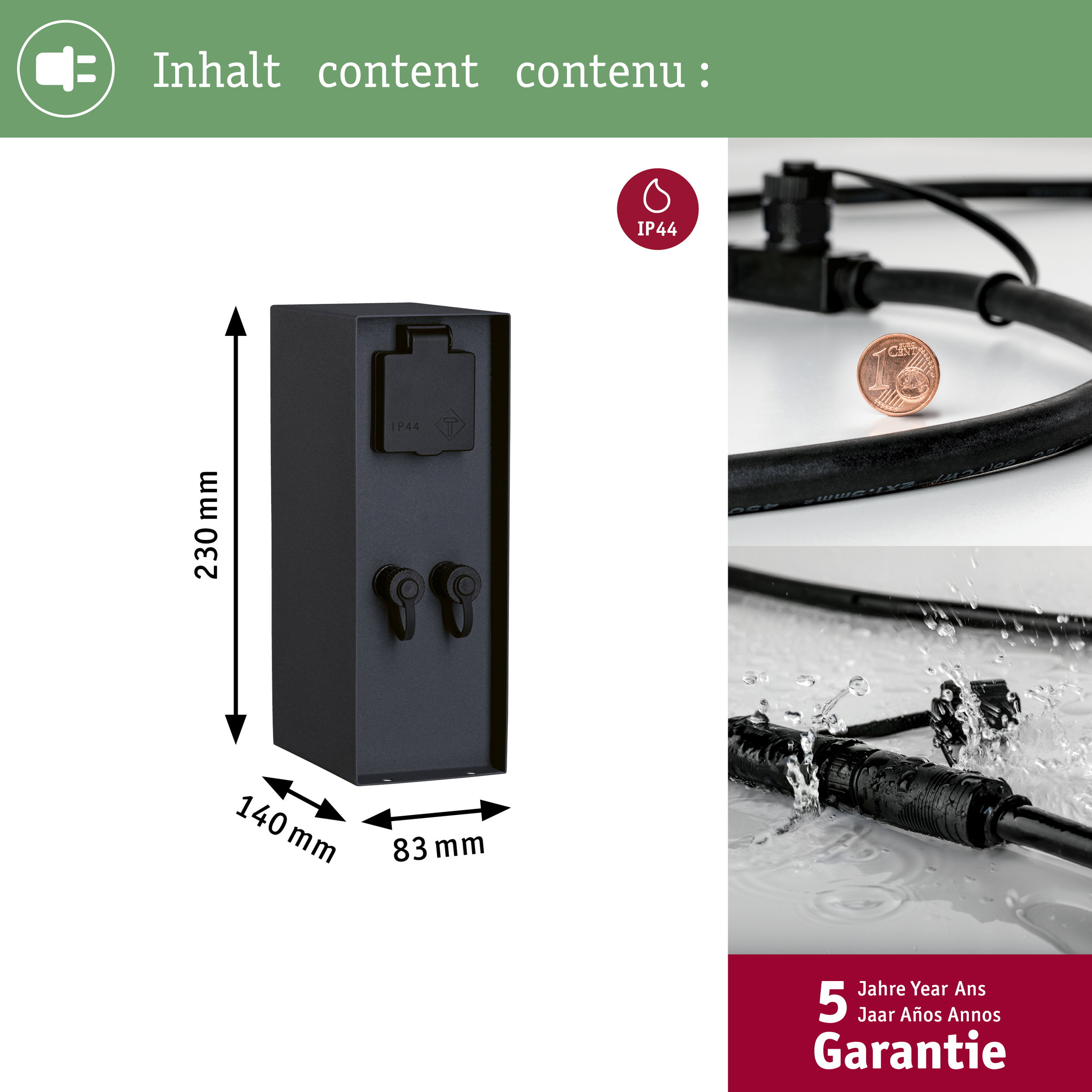 Schwarze IP44 Steckdosensäule mit Maßen, Kabeldetail mit Münze, wasserspritzer und 5 Jahre Garantie.